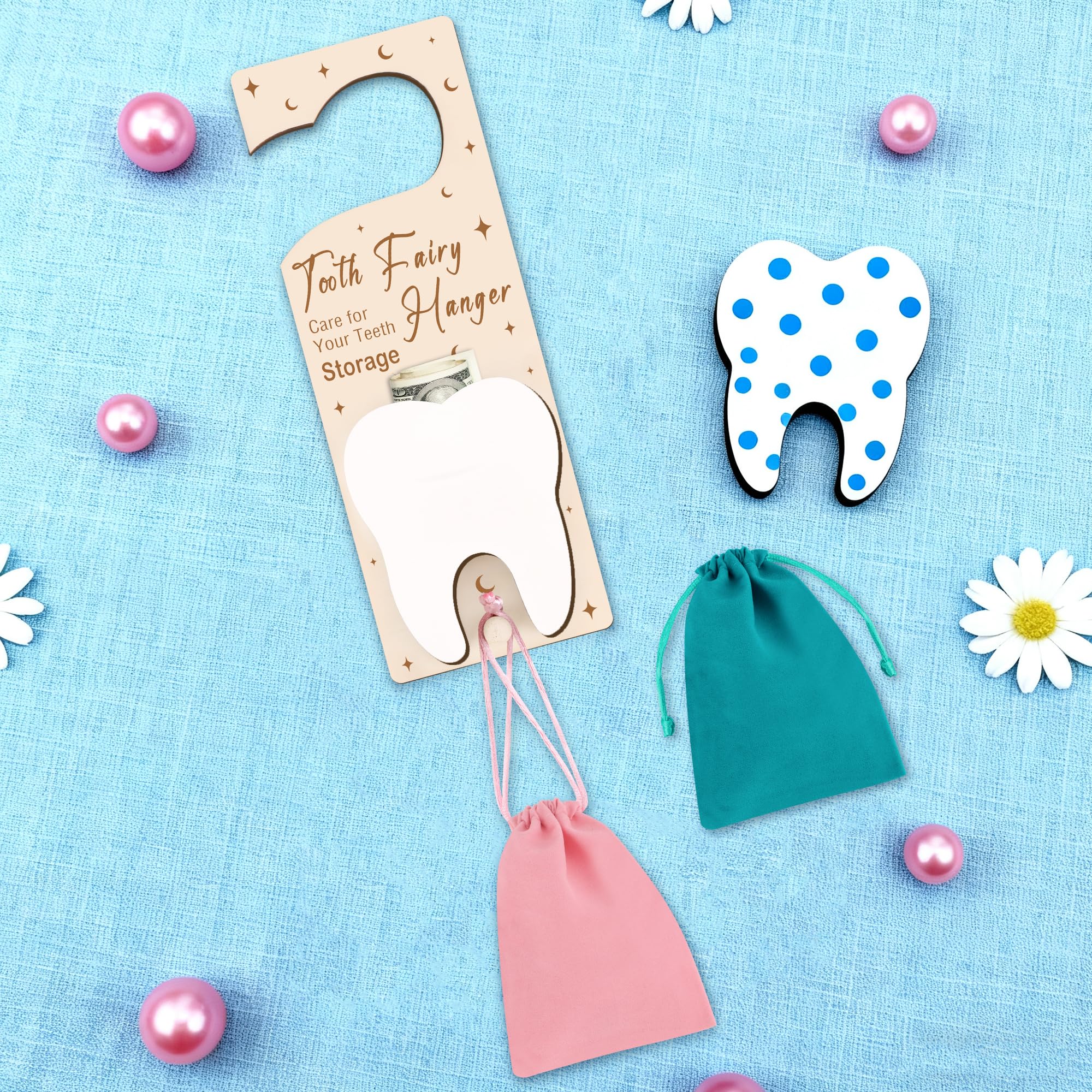 1+4PCS Tooth Fairy Door Holder, Windspeed Tooth Fairy Door Hanger with Slot Encourage for Lost Teeth Gift with 2 Bottles/ 2 Pouch - Image 4