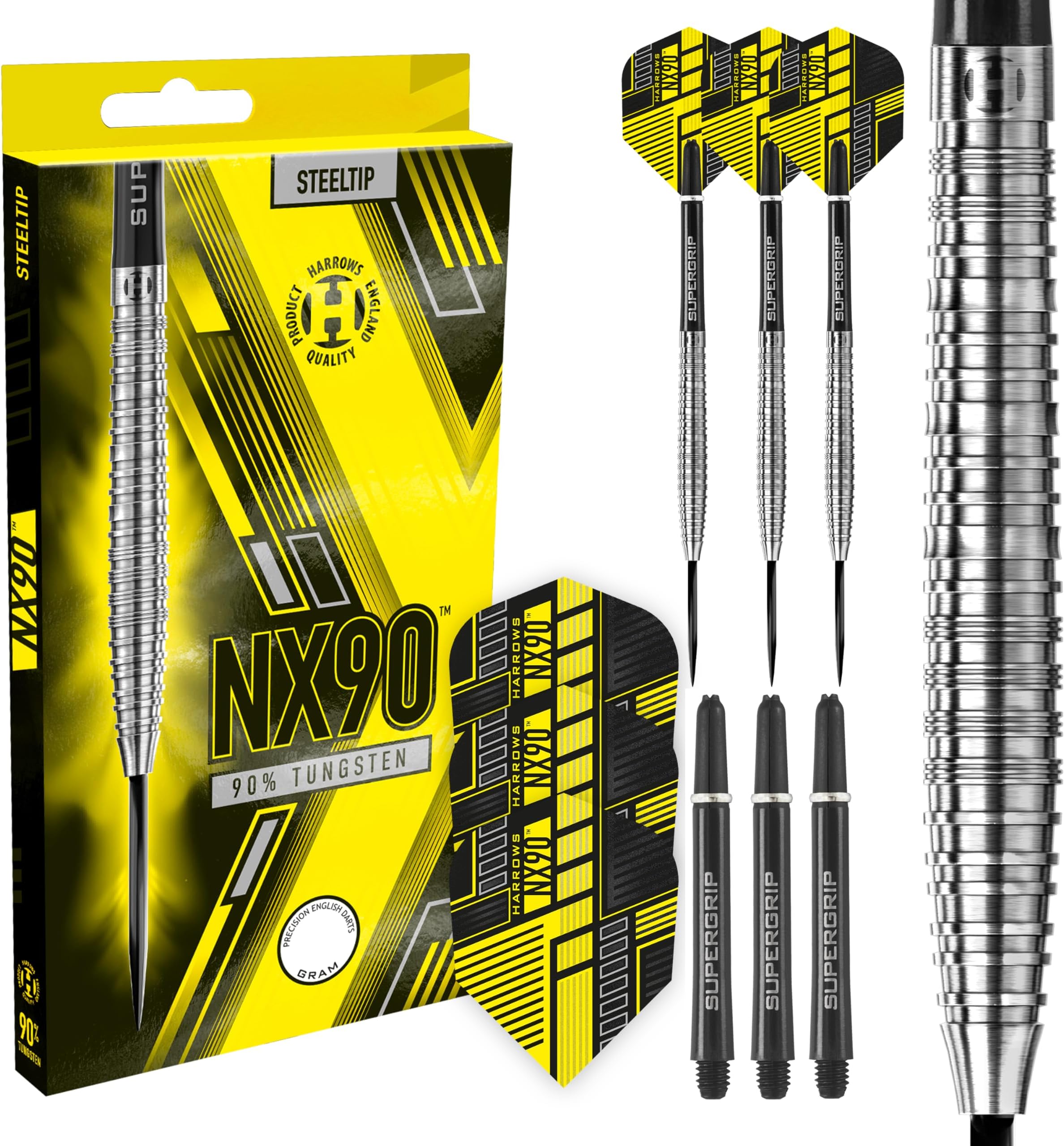 NX90 Tapered 90% Tungsten Steel Tip Darts Set, Professional Darts - Includes Black Supergrip Midi Shafts