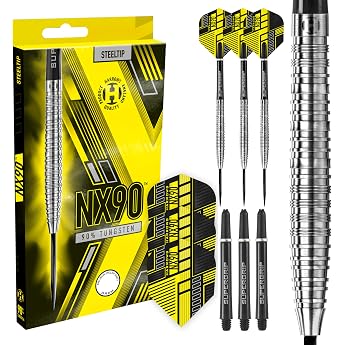 Harrows NX90 90% Tungsten Darts Darts-Set mit Stahlspitze| 21g 22g 23g 24g 25g & 26g Enth lt Supergrip-Sch fte und 100-Mikron-NX90-Fl ge