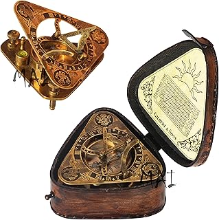 Antique Triangle Sundial Brass Compass with Leather Box Vintage Style Maritime Antique Navigation Travel Present Adventure Gift.