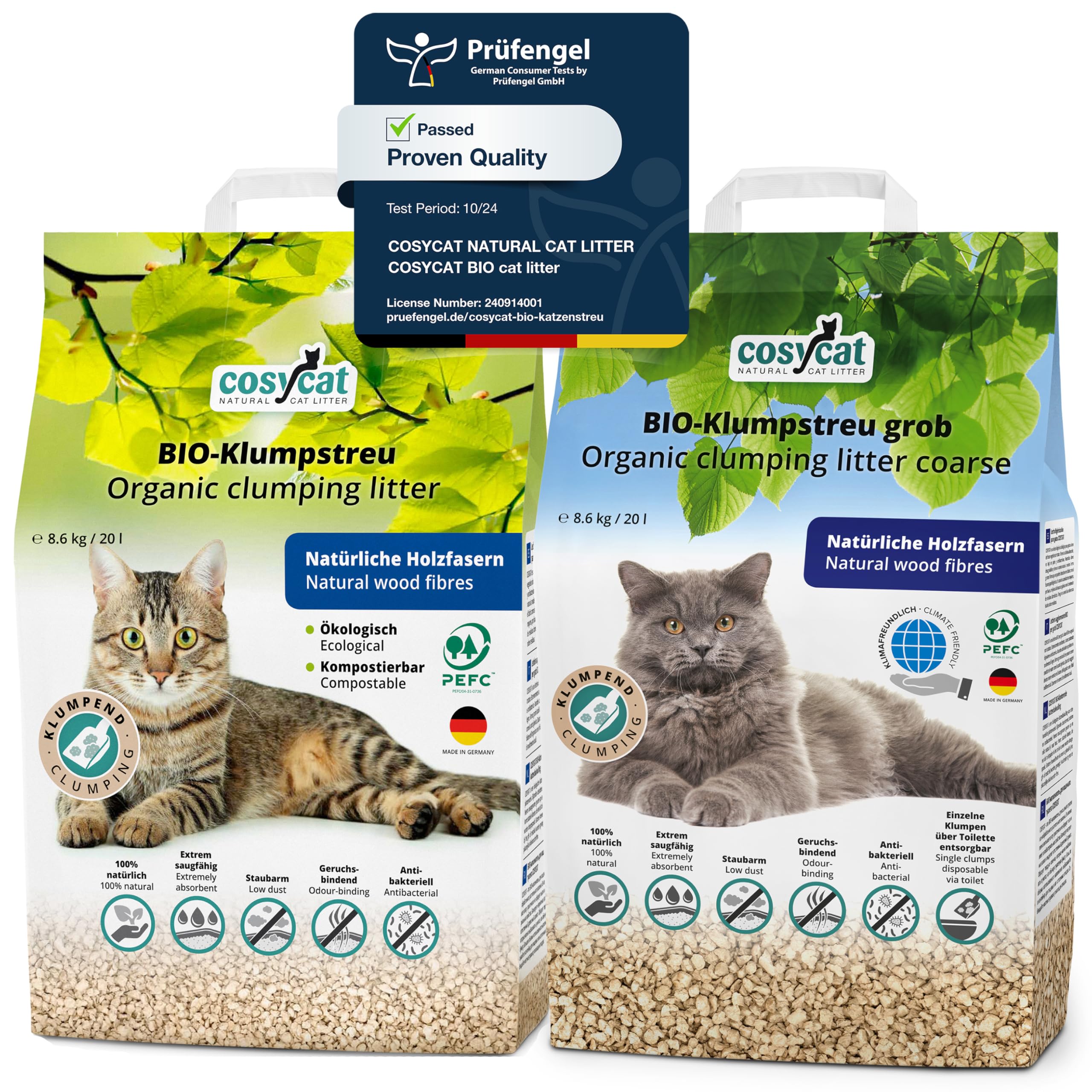 COSYCAT Klumpendes Bio-Katzenstreu aus Holz [100% Natürlich] – in der Toilette entsorgbar – Klumpstreu pflanzlich - Holzstreu (Mix FEIN + GROB, 40 l (20 l + 20 l))
