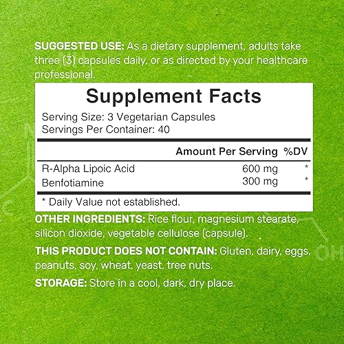 Miniatura 2 de DEAL SUPPLEMENT R Ácido alfa lipoico 600 mg con benfotiamina 300 mg por porción, 120 cápsulas vegetales  200 mg de R-ALA por cápsula  Suplemento