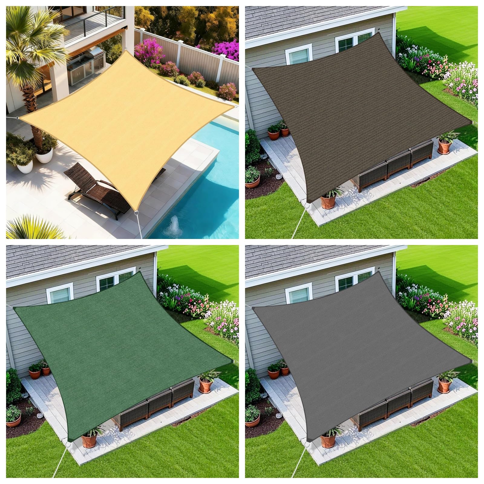 Sonnensegel Rechteckig 190 x 190 cm HDPE UV Schutz Rechteckig Sonnenschutz inkl Befestigungsseile für Patio, Pergola, Hinterhofa, Außenbereich, Grau