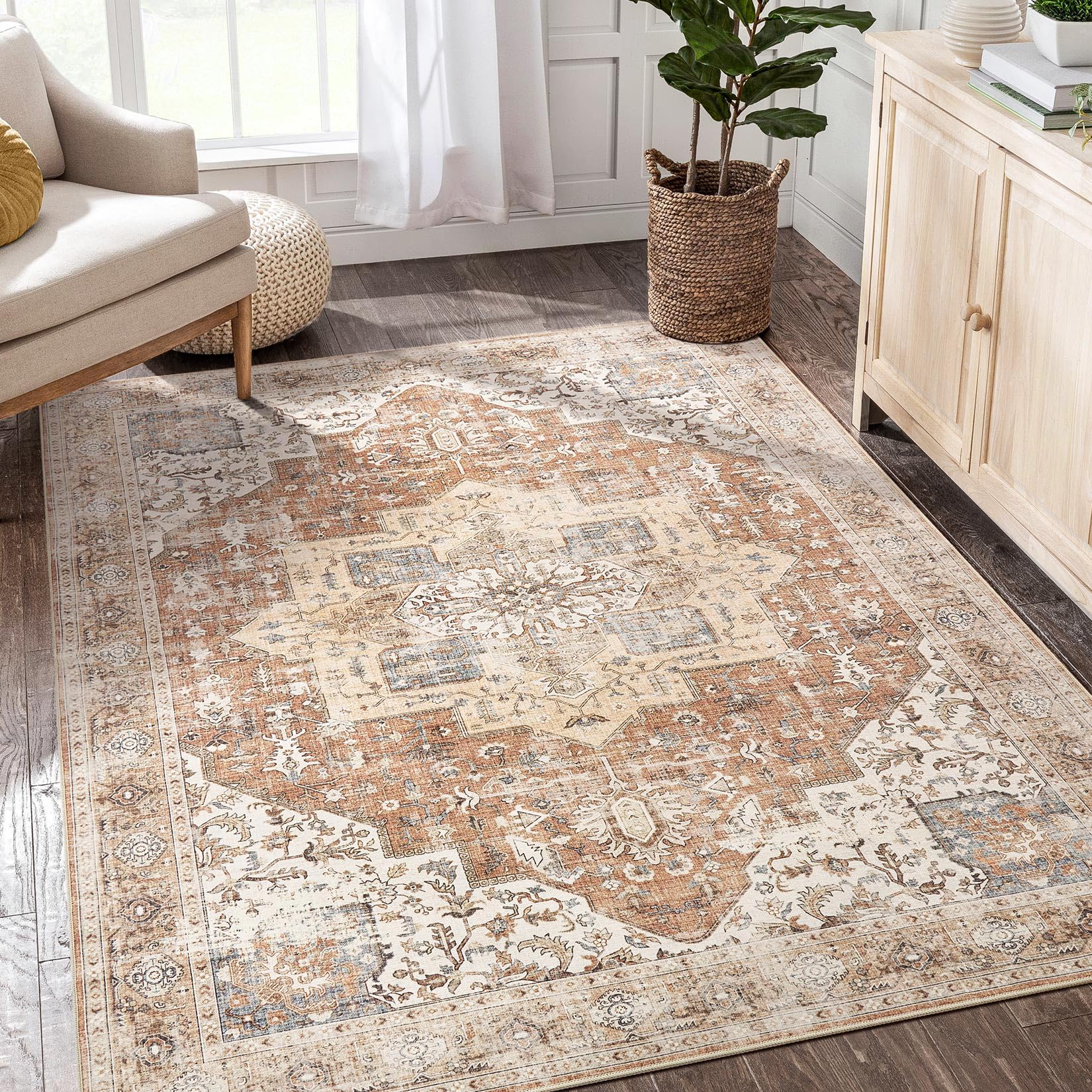 Washable Rug 6x9 Area Rugs: Boho Vintage Distressed Oriental Medallion Neutral Thin Large Rug Carpet for Living Room Bedroom Dining Room Home Office