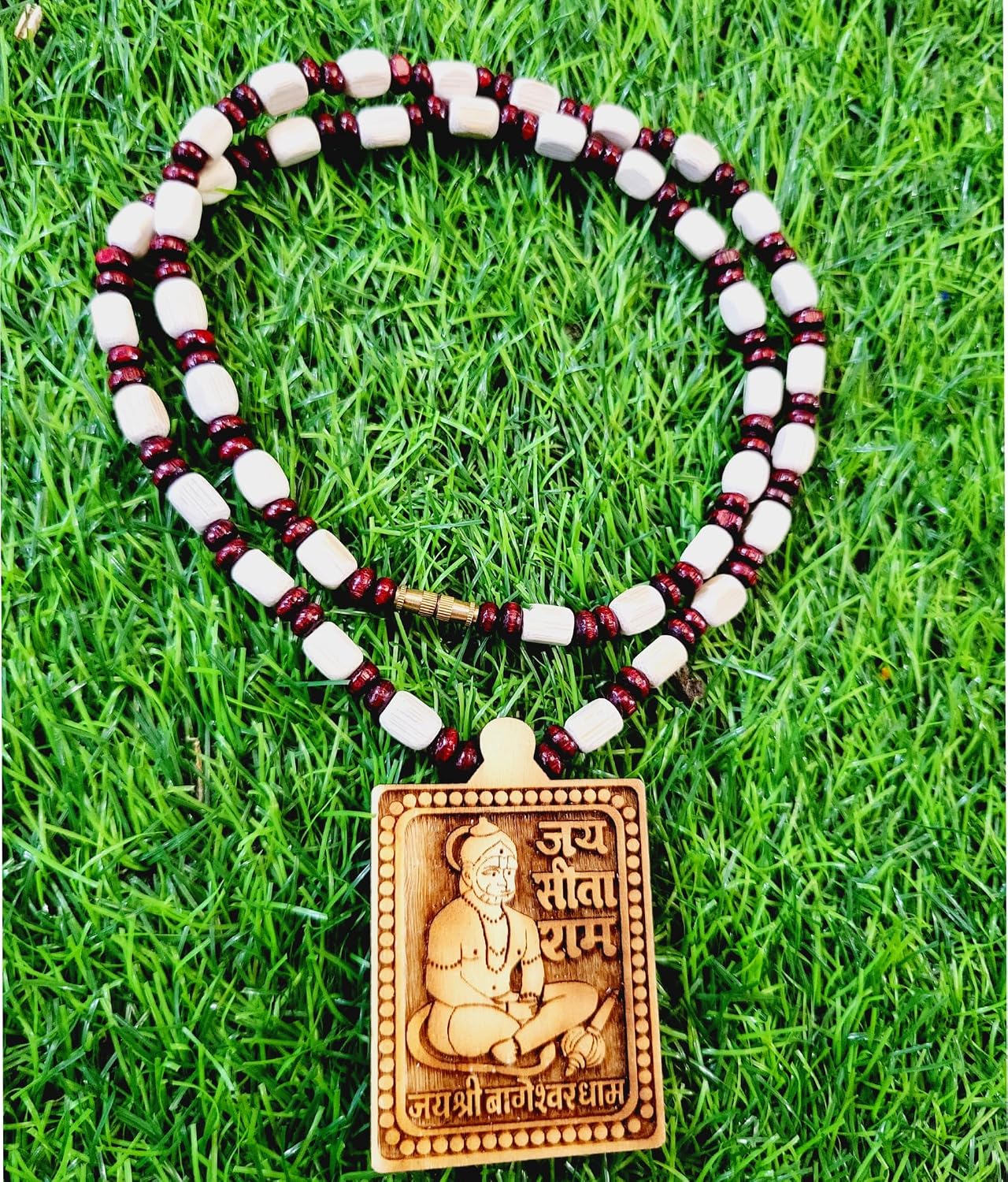 Box Bead Hanuman Ji Kanthi Tulasi Mala with Oval Hanuman Wooden Locket Necklace