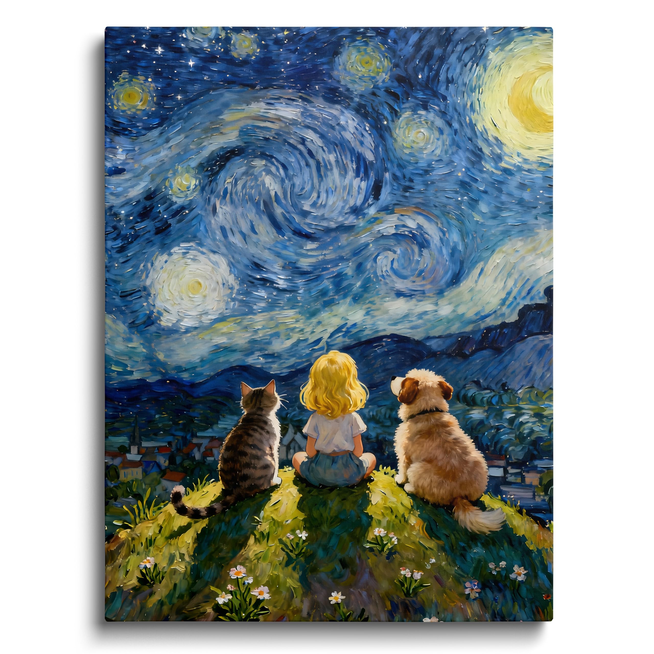 TimAsh Framed Wall Art for Living Room, Van Gogh Starry Night with Girl, Cat and Dog, Vintage Inspired Landscape Painting, Cozy Bedroom Decor, Ready to Hang Canvas Print for Home Office 16" x 24" — image 1