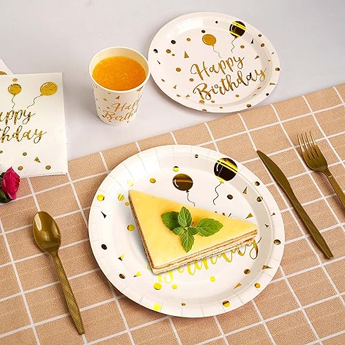 Miniatura 7 de 200 piezas de suministros de fiesta de cumpleaños blancos y dorados, juego de vajilla desechable de feliz cumpleaños, cuchillos de plástico dorado,