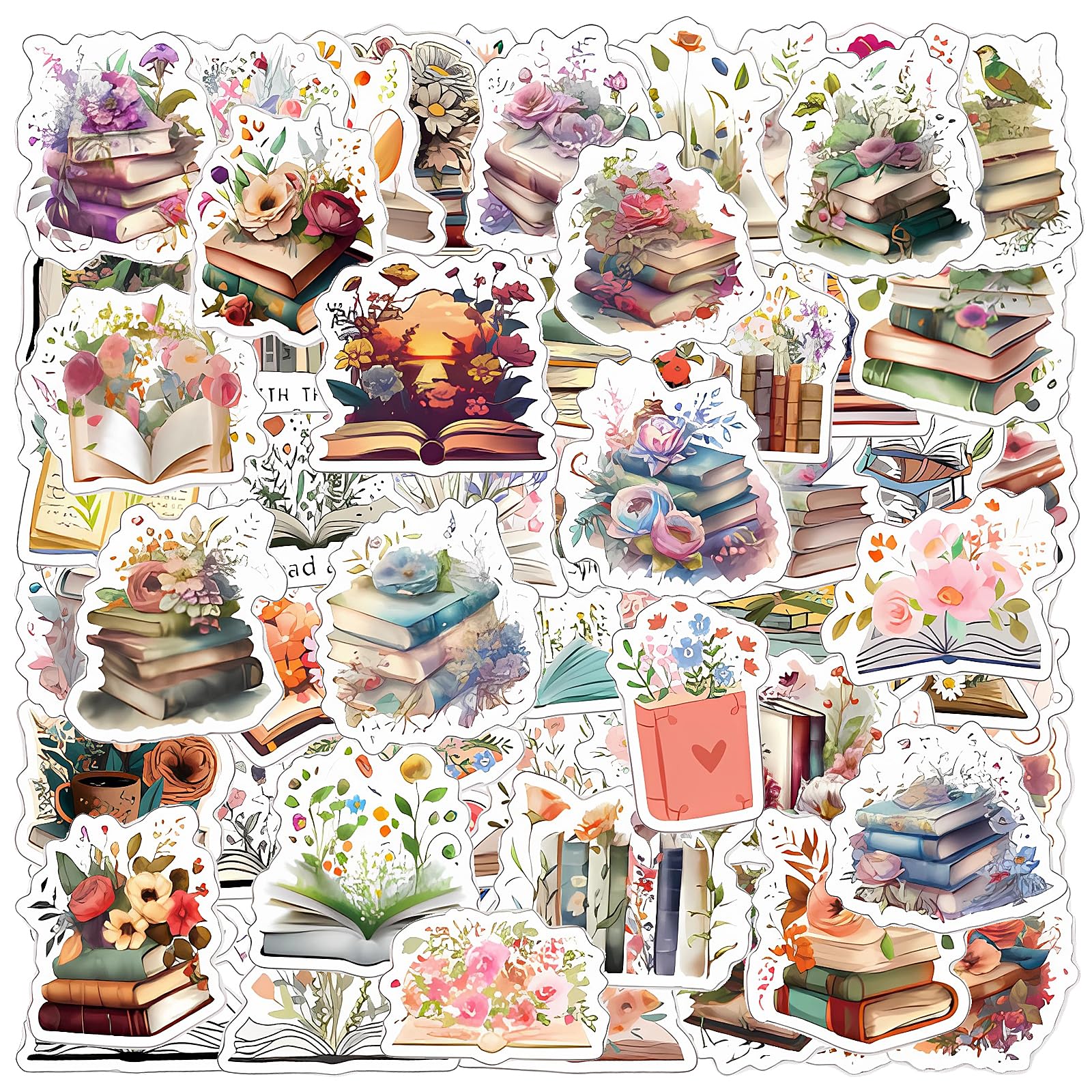 Simarro 60pcs Book Flower Graffiti Water Bottle Aesthetic Car Trunk Scooter Cup Waterproof Stickers for Girls Kids Christmas New Year Gifts