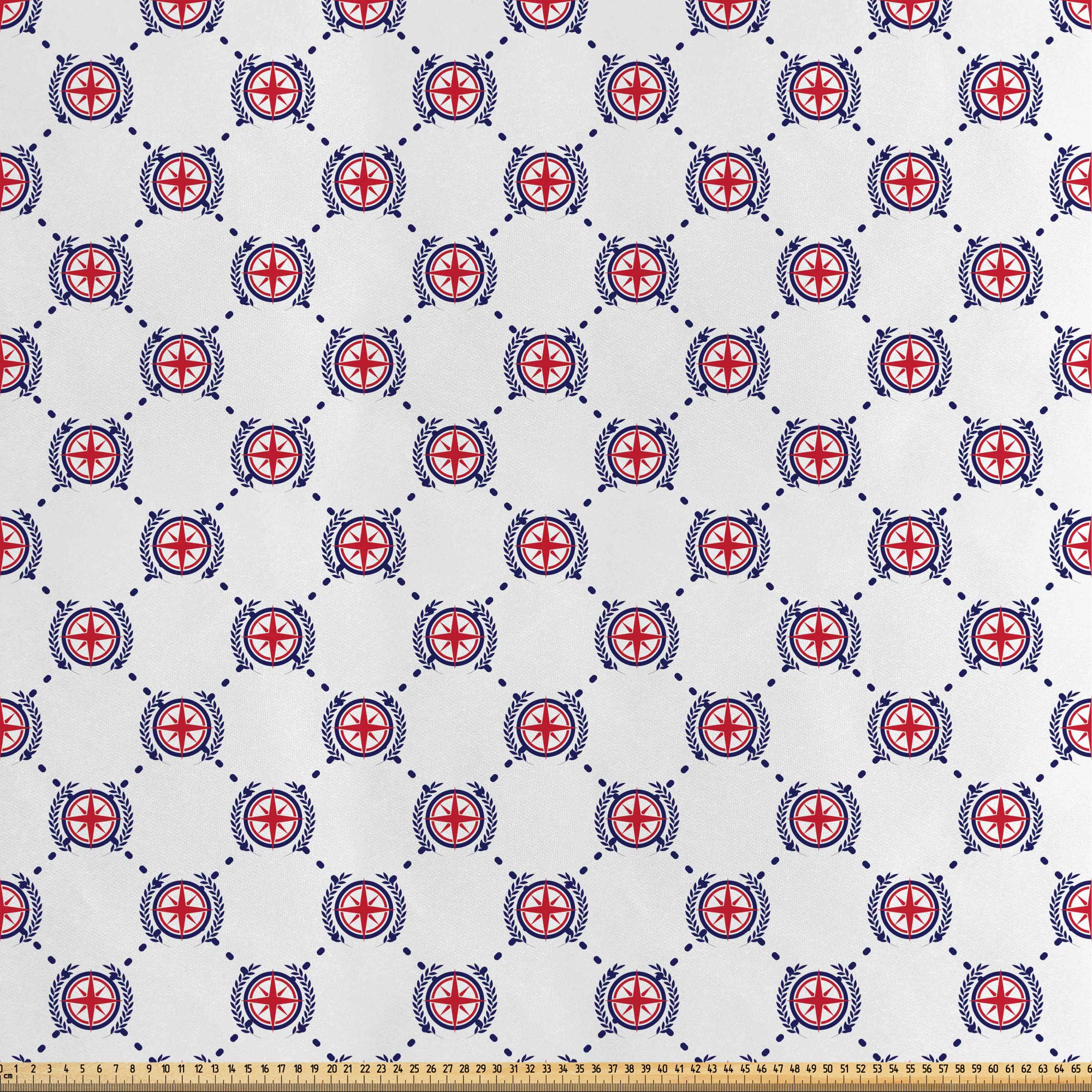 ABAKUHAUS Compass Fabric by The Yard, Diagonal Lines Diamond Pattern with Windrose and Laurel Wreath Nautical, Fabric for Upholstery and Home Decor Accents,5M (148x500cm), Dark Blue Dark Coral