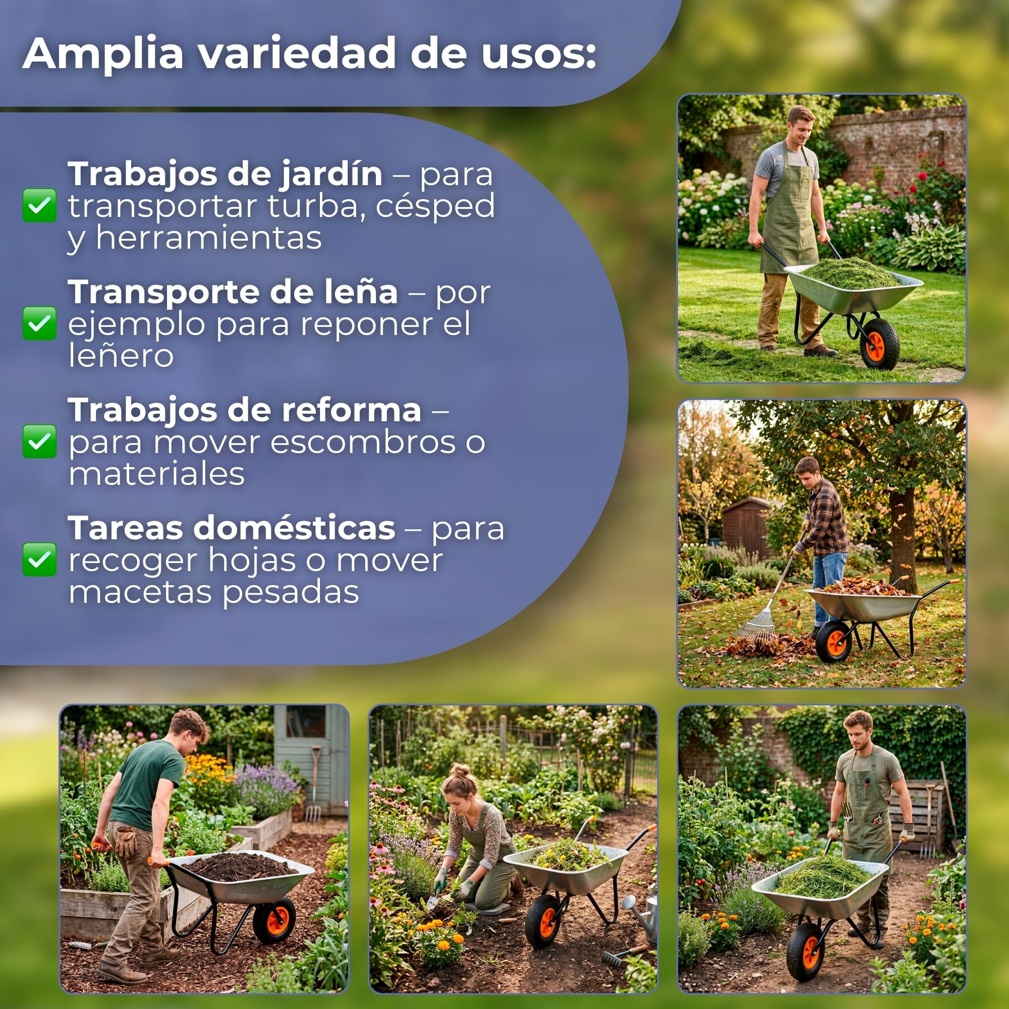 Springos Carretilla de 120 l con neumáticos de aire y bandeja de acero galvanizado, capacidad de carga de hasta 100 kg, para jardín, construcción, patio, taller, color plateado y naranja