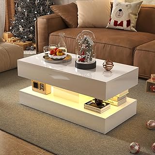 Verano Garden Modern High Gloss LED Coffee Table with Storage, 2-Tier Center Table with Open Display Shelf & 2 Sliding Drawers, Rectangle Coffee Tables for Living Room, Bedroom
