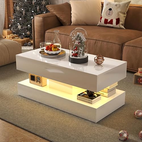 Verano Garden Modern High Gloss LED Coffee Table, 2-Tier Center