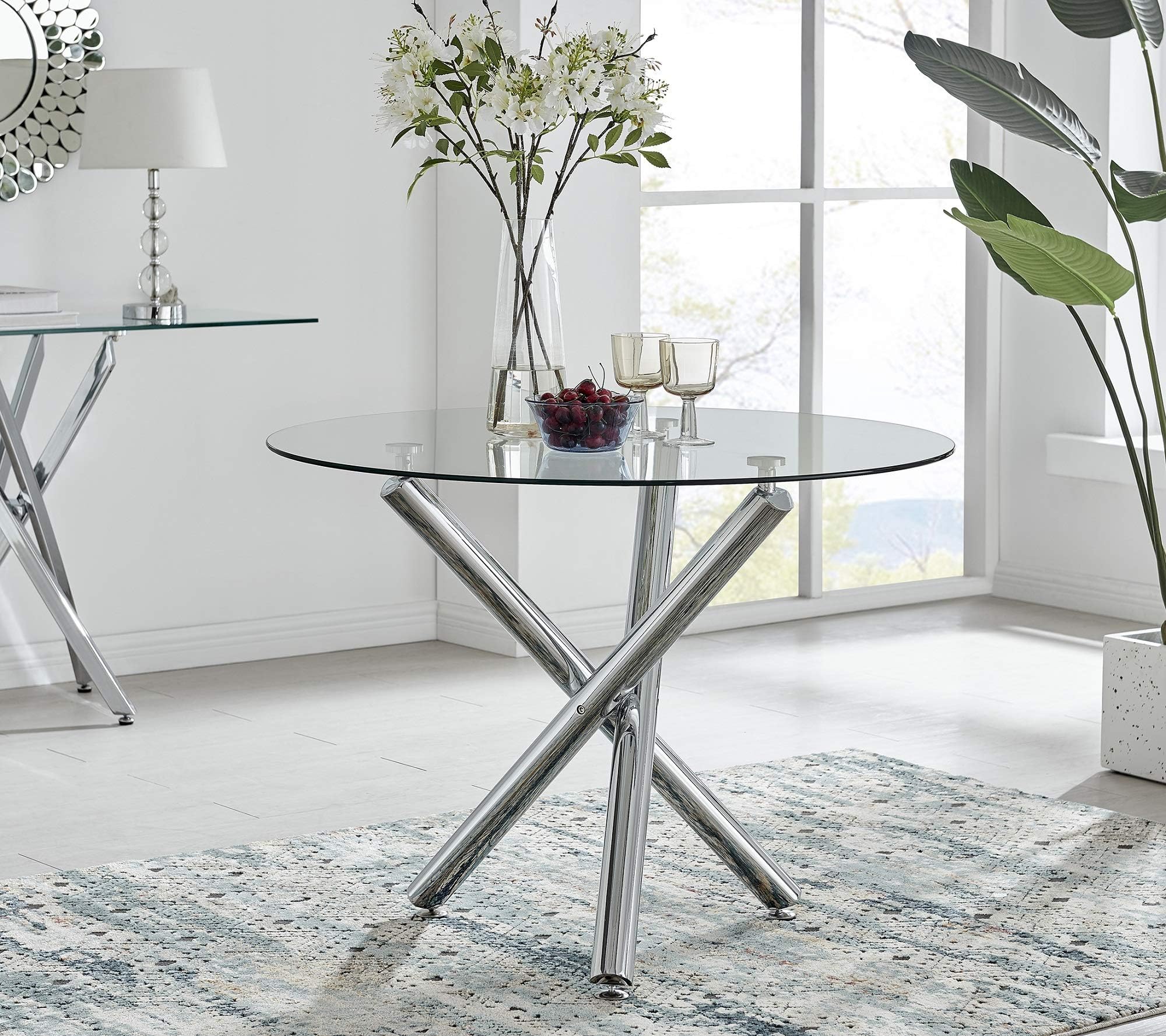 Furniturebox UK Selina Round Clear Glass and Chrome 4 Seater Dining Table (Contemporary Modern Minimalist Dining Table) with Tubular Chrome Legs