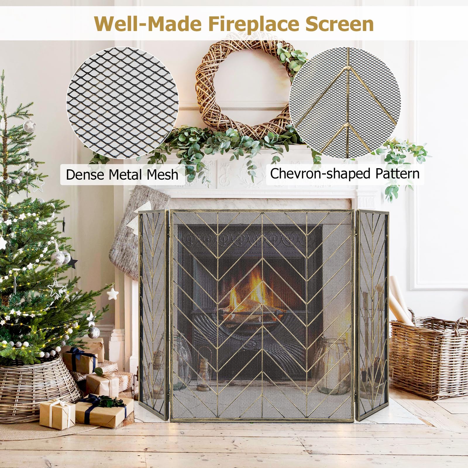 GIANTEX Écran de Cheminée à 3 Panneaux, Pare-étincelles Pare-feu Cheminée Pliable en Fer & Charnières Flexibles, Clôture de Cheminée Grille de Protection Cadre en Métal, pour Salon, Chambre (Bronzé)