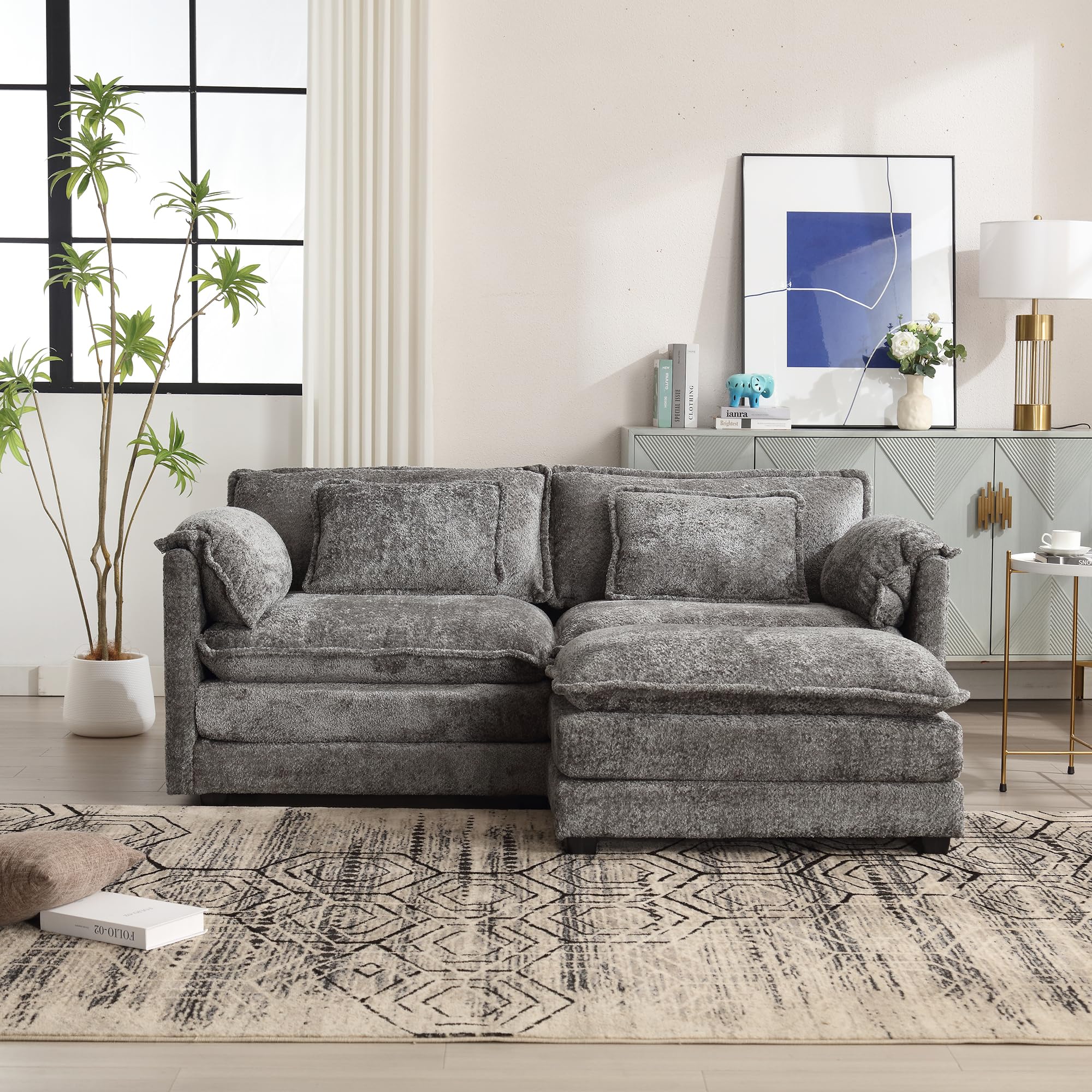 Sofá moderno minimalista de 2 plazas con reposapiés, tela de chenilla, con estantes laterales y cojines, cómodo y espacioso, adecuado para sala de estar/dormitorio (gris)