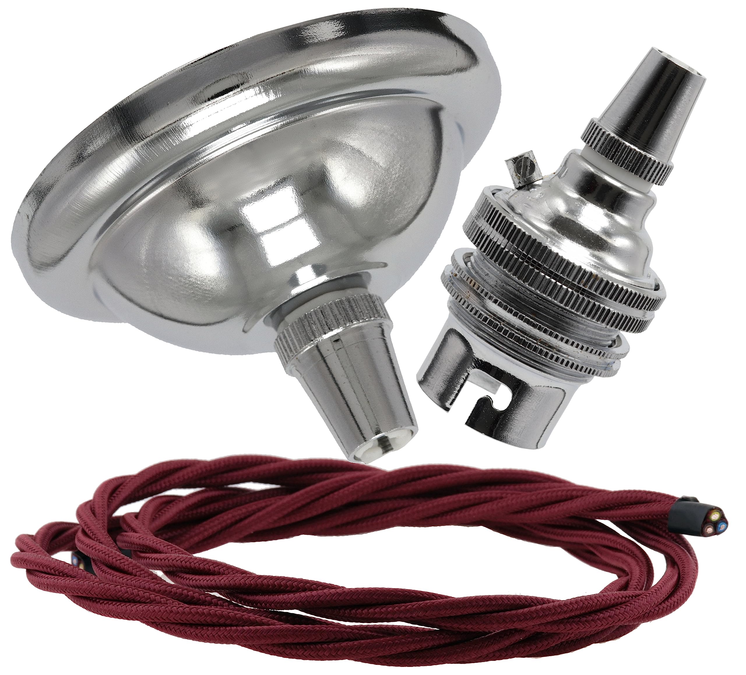 Repaireum Ltd. Vintage Styled Small (67mm) Ceiling Pendant Kit incl. Polished Chrome Effect Rose, B22 Lampholder and 3 Core Rich Burgundy Braided Twisted Flex