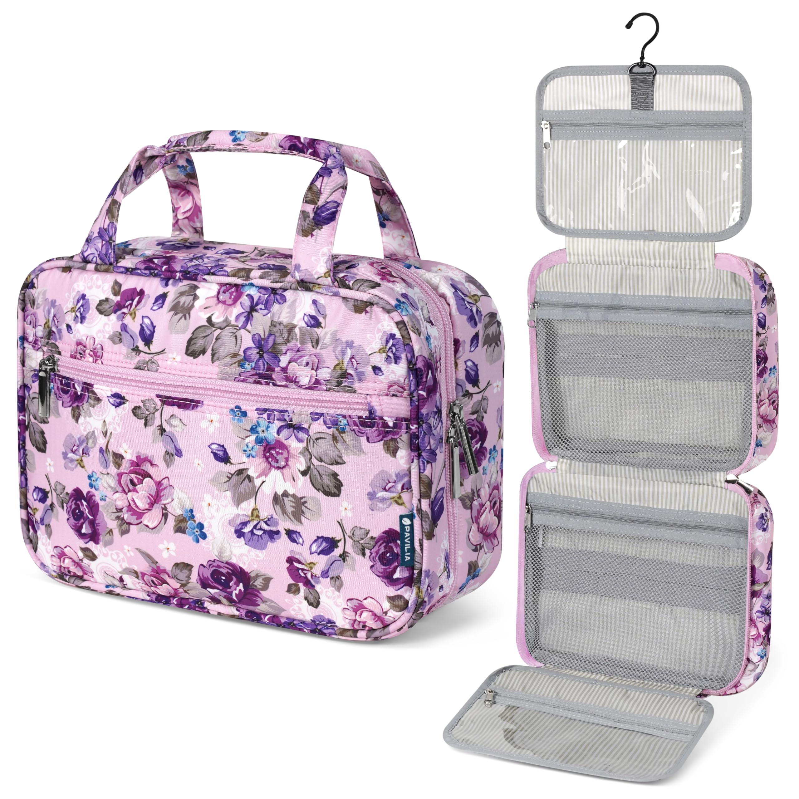 PAVILIA Borsa da toilette da appendere borsa da viaggio donna e uomo, organizer pieghevole per cosmetici, borsa per il trucco resistente all'acqua, accessori da toeletta, grande kit essenziale da