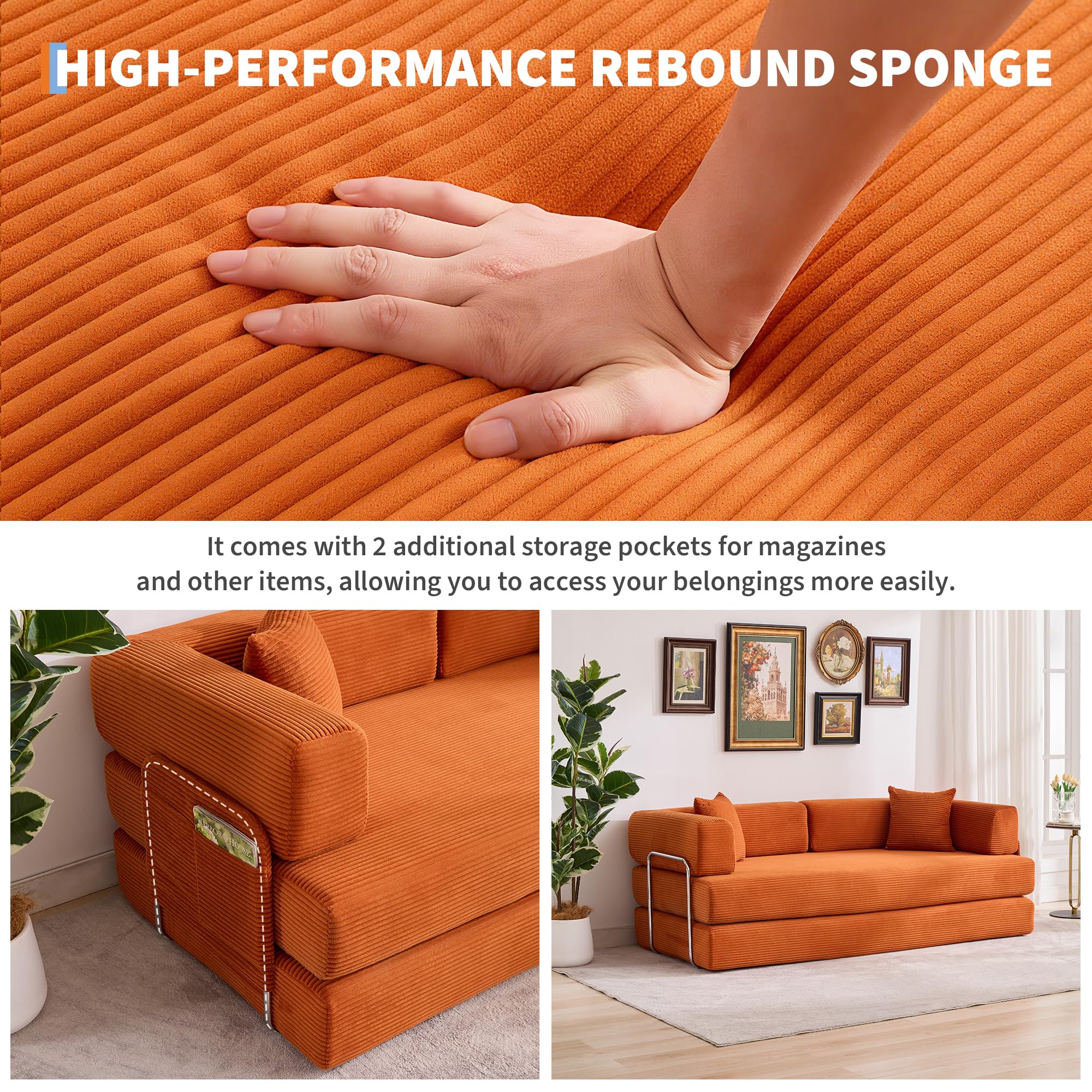 Garvee 5-in-1 Convertible Sofa Bed, 78.8" Modular Corduroy Sleeper with Sturdy Frame & No Assembly, Multi-Functional Futon for Small Space, Living Room & Guest Room (Green) (Orange)