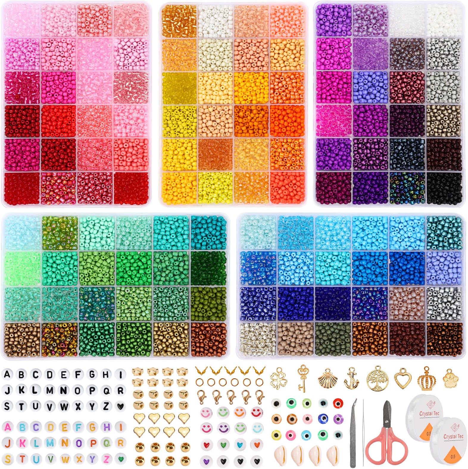 QUEFE 5600pcs 4mm Glass Seed Beads 120 Colors Beads for Bracelet Making Kit Friendship Bracelet Kit with Letter Beads Accessories Charms and Pendants Kit for DIY Jewelry Making Girls Craft