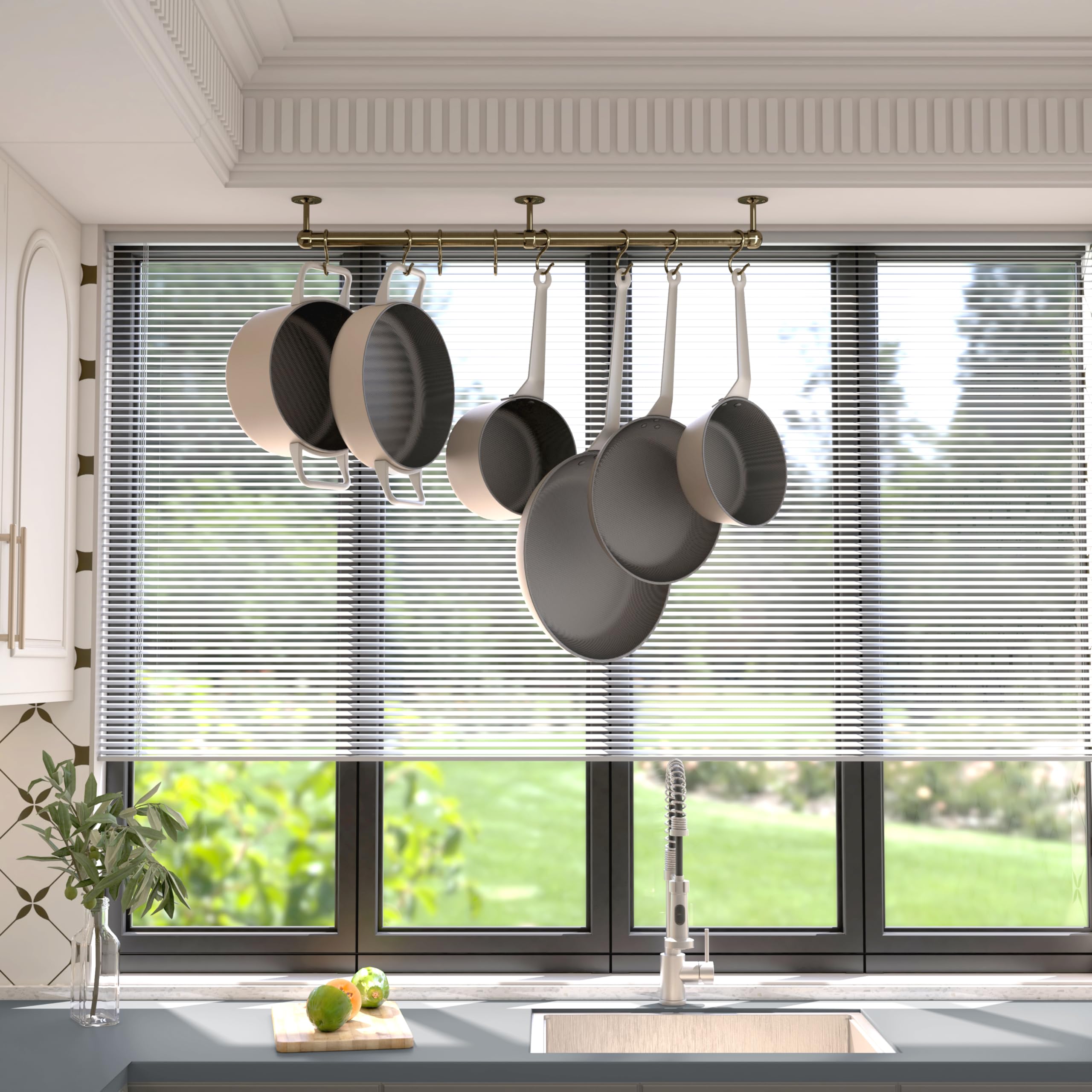 Support suspendu Rothley en acier inoxydable : Suspension murale pour casseroles et poêles de 60 cm - Robuste - Avec 8 crochets en S (laiton antique).