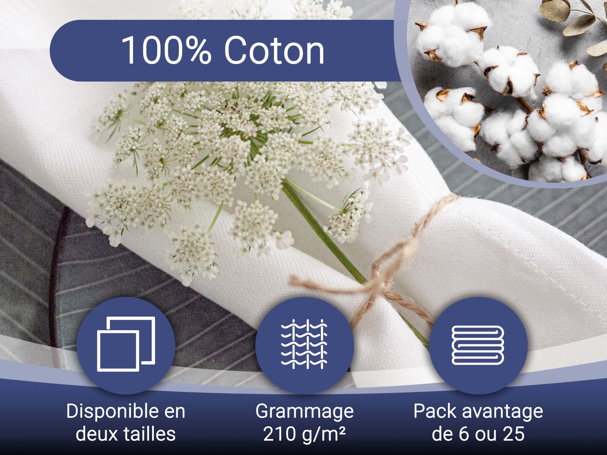 ZOLLNER Set de 25 Serviettes en Tissu Coton en 50x50 cm - Serviettes de Bouche résistantes avec Bord en Satin - Brillant Soyeux - lavables à 95°C - en Blanc - qualité gastronomique