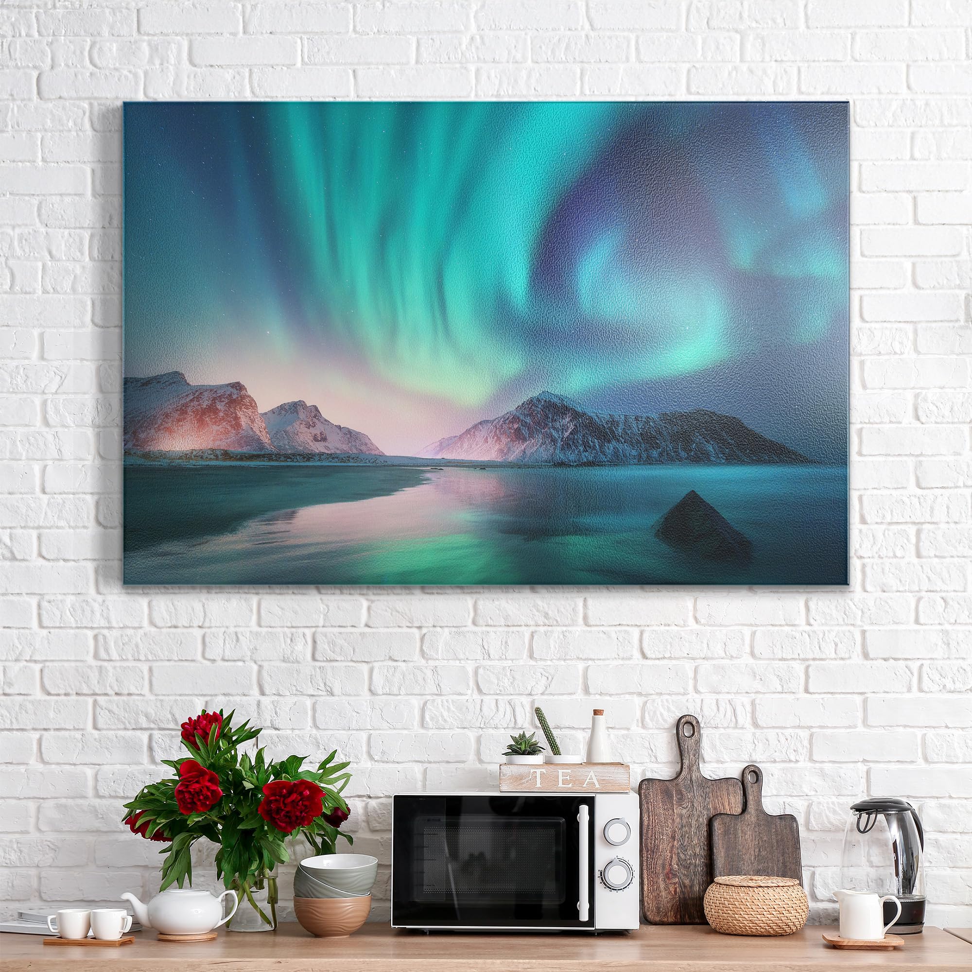 DEQORI Metalowa tablica magnetyczna, wymiary 90 x 60 cm, motyw "Zorza polarna Lofotów", tablica suchościeralna na wszystkie magnesy, tablica magnetyczna do kuchni i biura, designerska tablica do