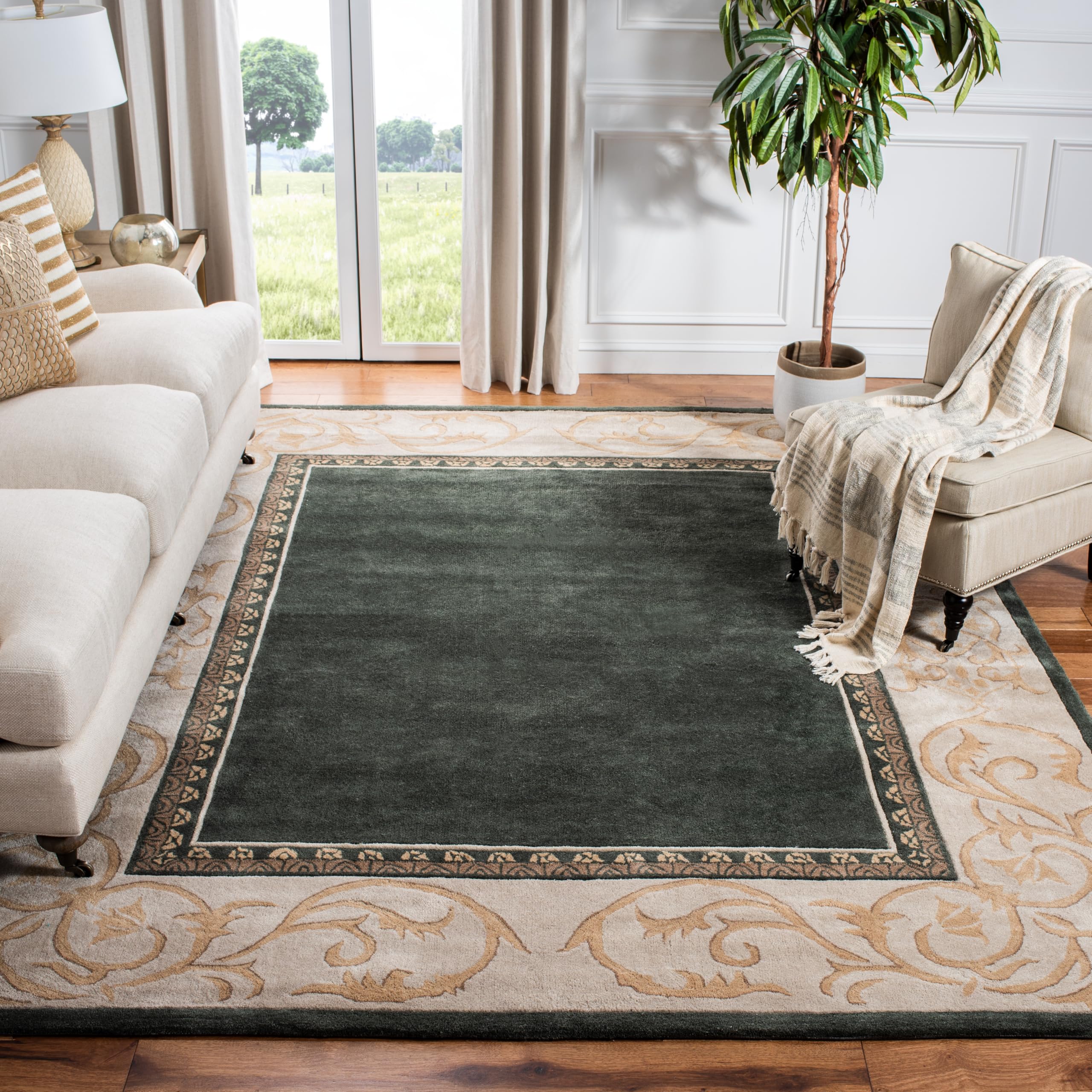 SAFAVIEH Total Performance Collection Area Rug - 9' x 12', Green & Ivory, Hand-Hooked Foliage, Non-Shedding & Easy Care, Ideal for High Traffic Areas
