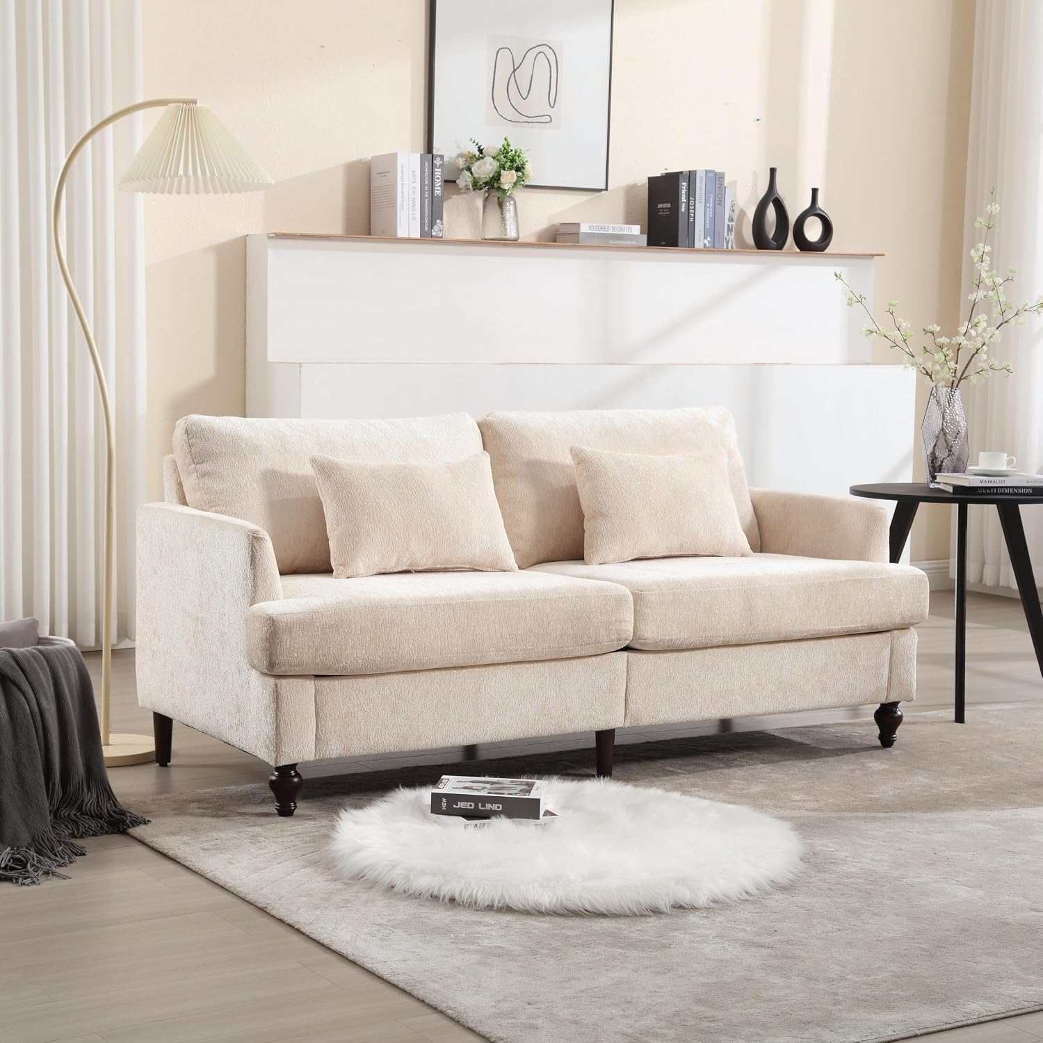 Mid Century Modern Loveseat Sofa, 2-Seater Chenille Couch with Brown Wood Legs for Living Room, Bedroom, Beige Upholstered Furniture