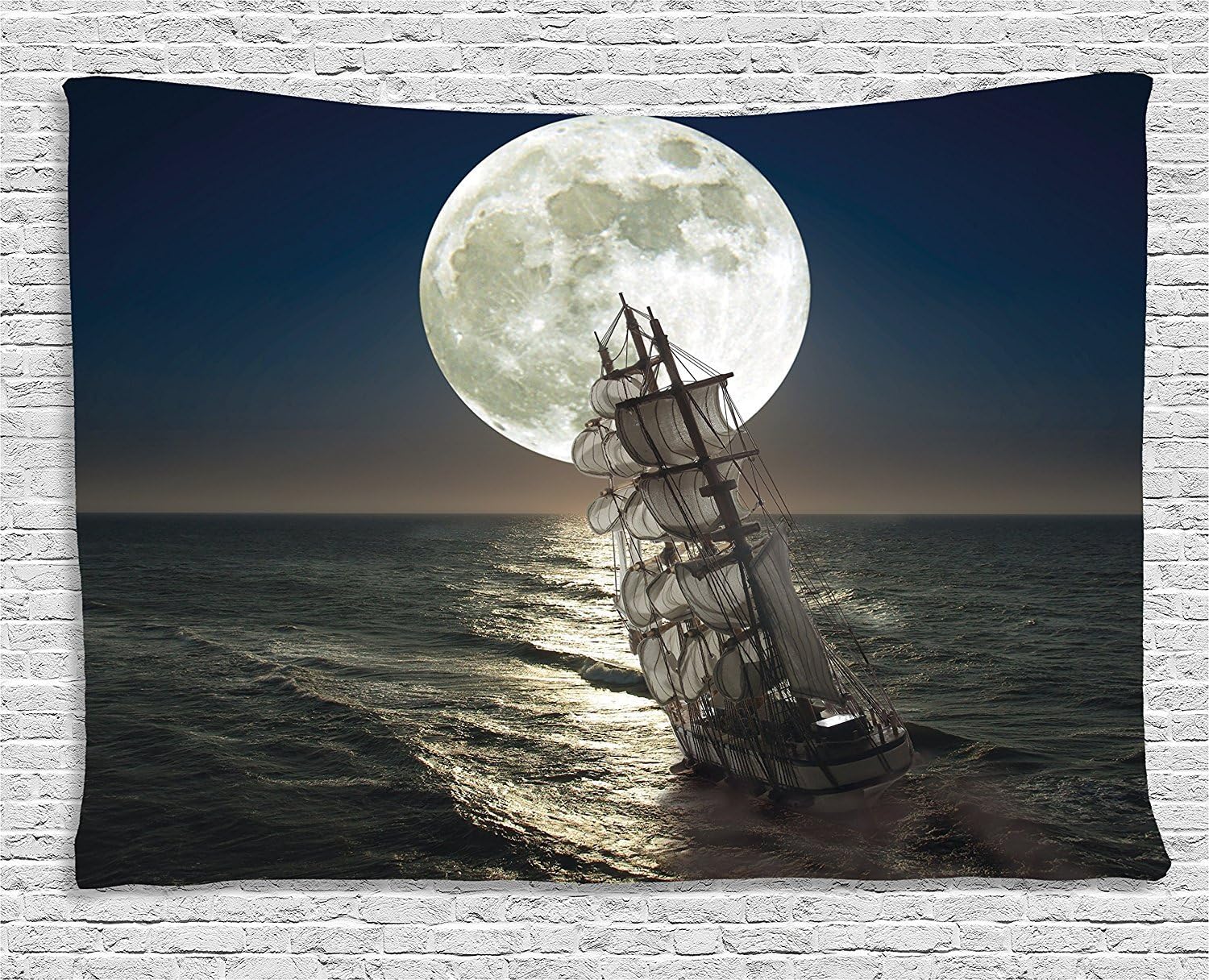 TAMMY CHAPPELL Hipster Tapestry, Midnight Moon Stars Fullmoon Eclipse at Night with Pirate Ship Sailing in Ocean, Wall Hanging for Bedroom Living Room Dorm, 80WX60L Inches, Multicolor