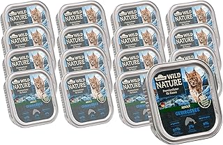 Dehner Wild Nature Katzenfutter Gebirgssee, Nassfutter getreidefrei / zuckerfrei, für ausgewachsene Katzen, Lachs / Forelle, 16 x 100 g Schale (1.6 kg) product image