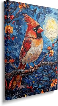 Cardinal Starry Night Canvas Wall Art Animal Pictures for Kitchen Living Room Bedroom Bathroom Office,Cardinal Abstract Print Dird Painting Home Modern Art Work Framed Wall Art Decor 16" x 12"