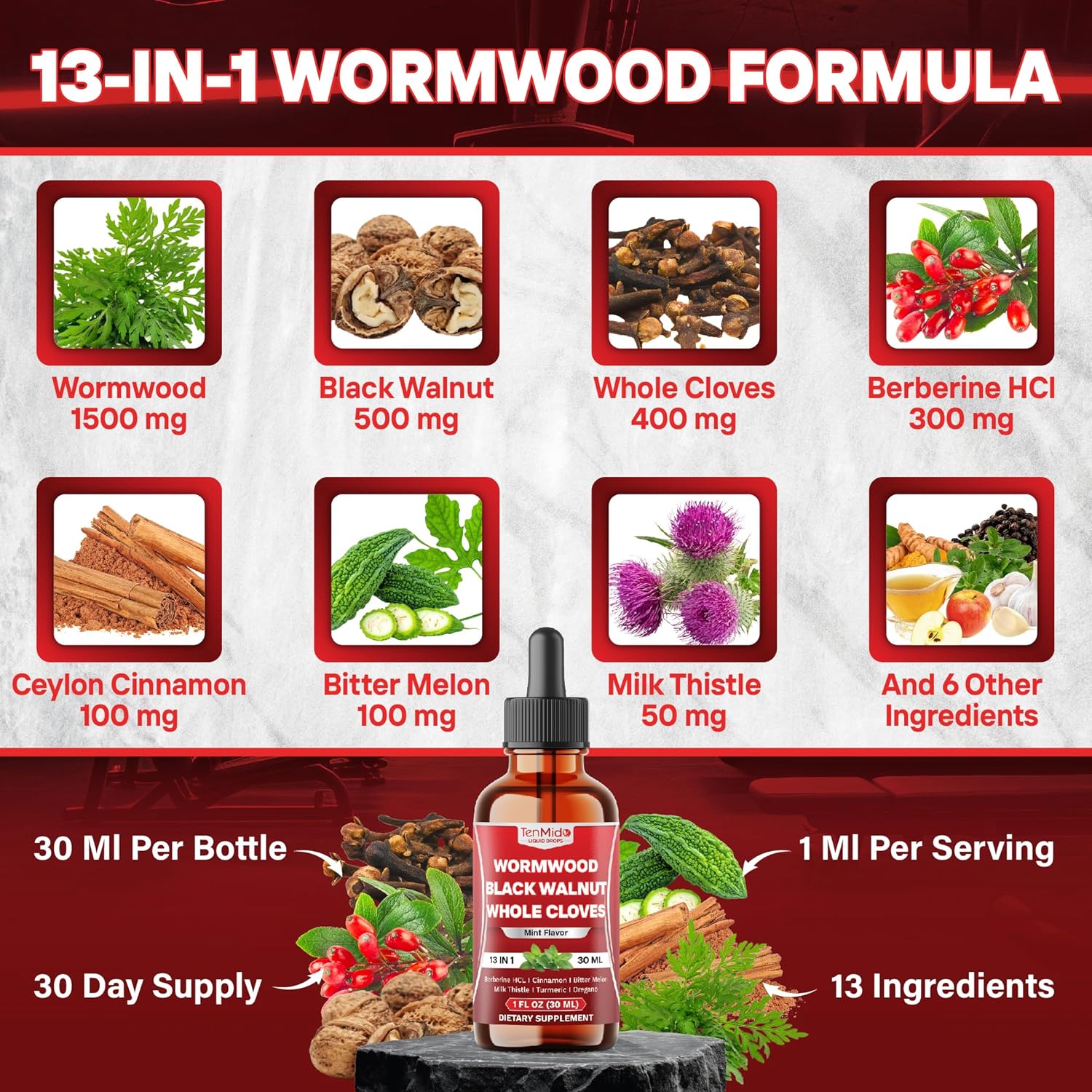 13in1 Wormwood Tincture - Wormwood Black Walnut Clove Extract with Berberine HCl, Ceylon Cinnamon, Bitter Melon, Milk Thistle, Turmeric & More - 30 Days Supply - 1 FL Oz - Image 5