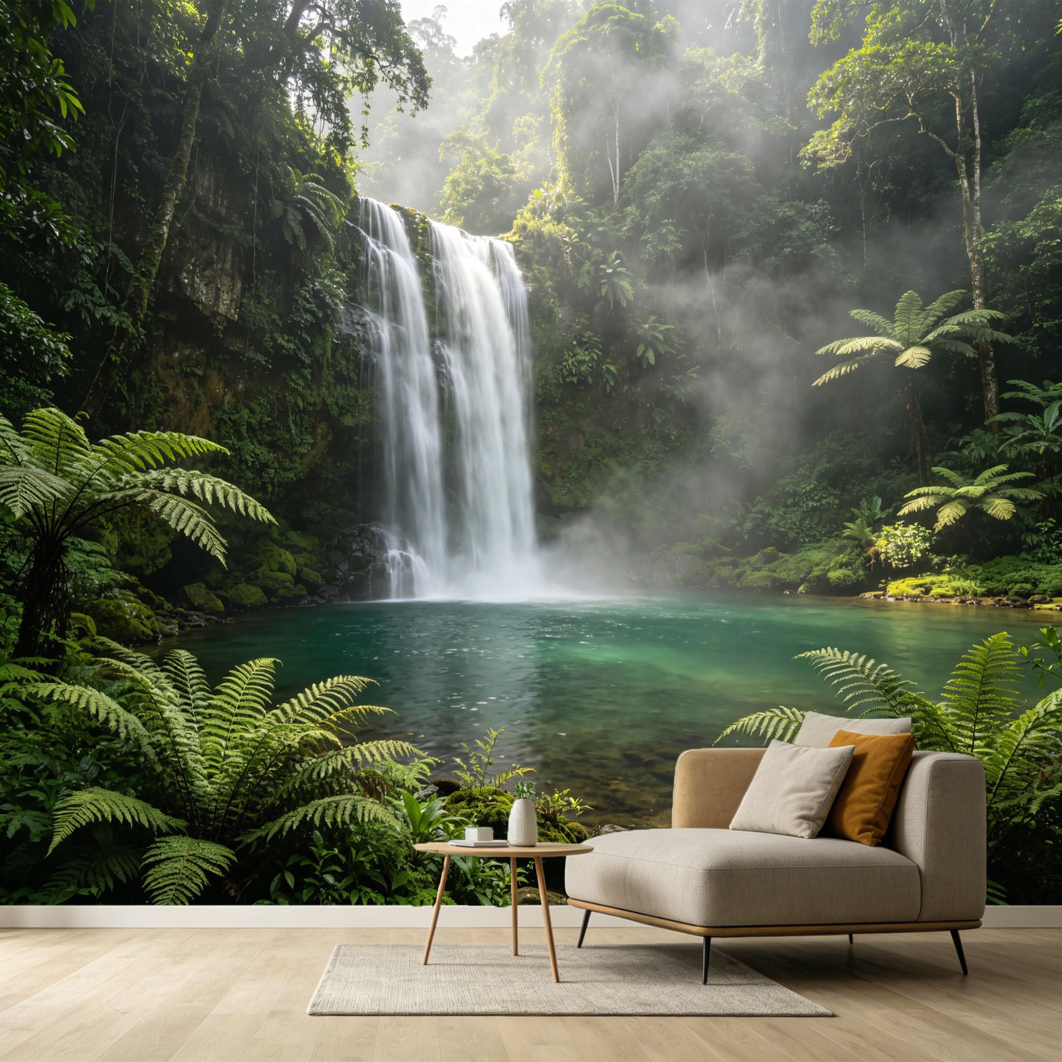 Custom Size Wall Murals Tropical Waterfall Forest Botanical Mist Pond SelfAdhesive Wall Fabric Removable Large Wallpaper for Photo Living Room