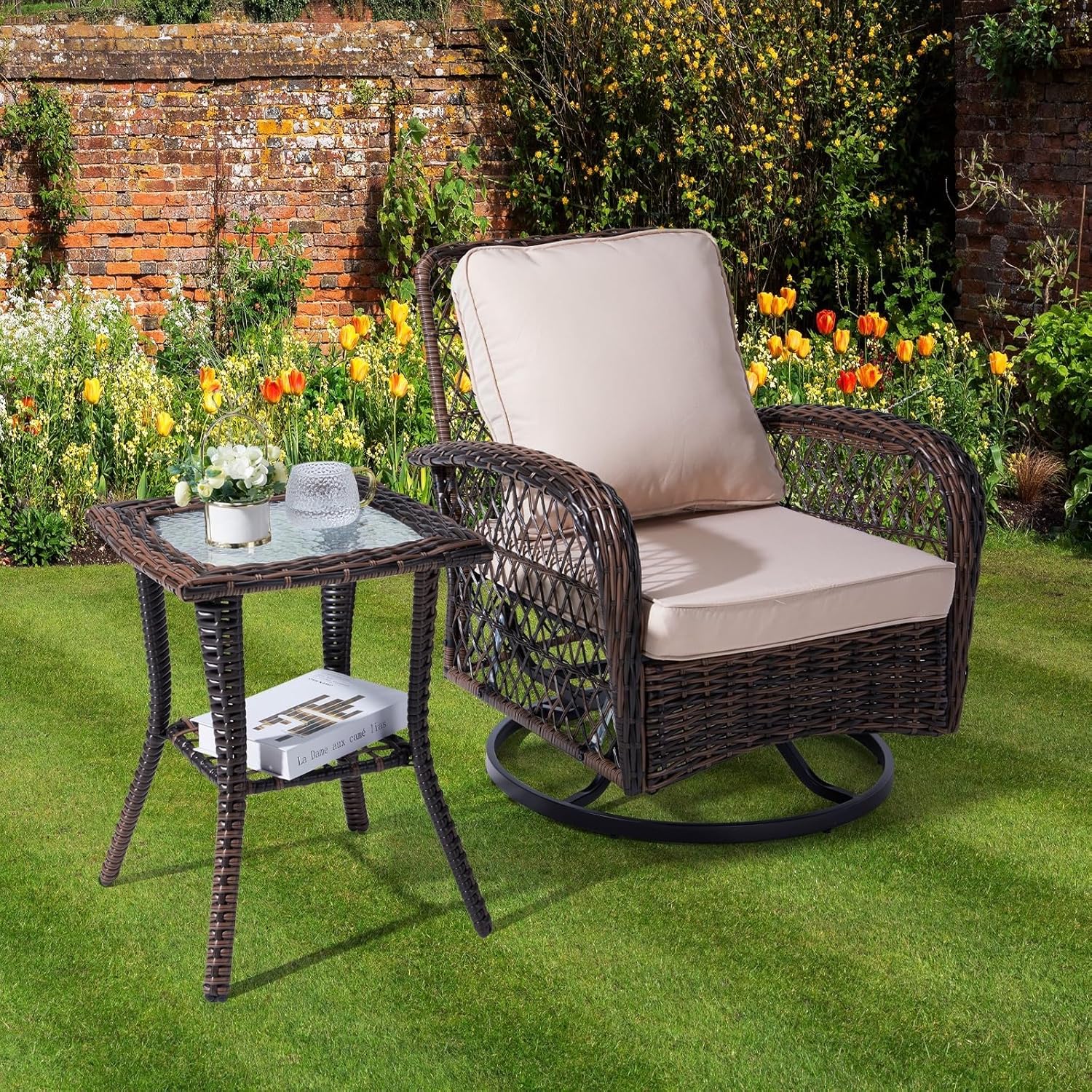 Outdoor Wicker Side Table with Glass Top, Brown Rattan End Table with Lower Shelf, Patio Coffee Bistro Table for Garden, Porch and Balcony