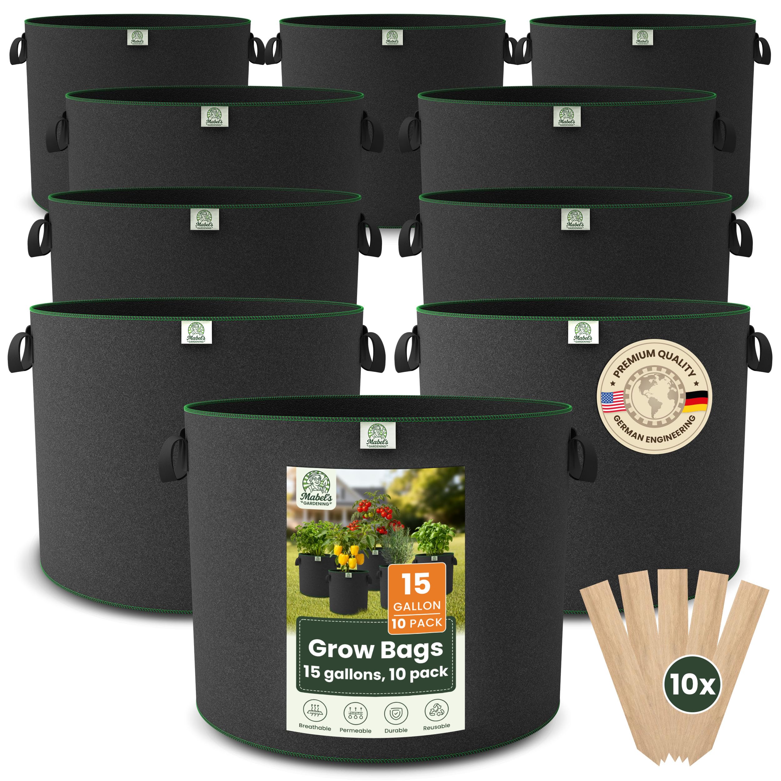 Mabel's Gardening - Confezione da 10 sacchetti per coltivazione da giardino da 300 g/m², in feltro e tessuto non tessuto, 45 x 35 cm, per zucca, patate, pomodori