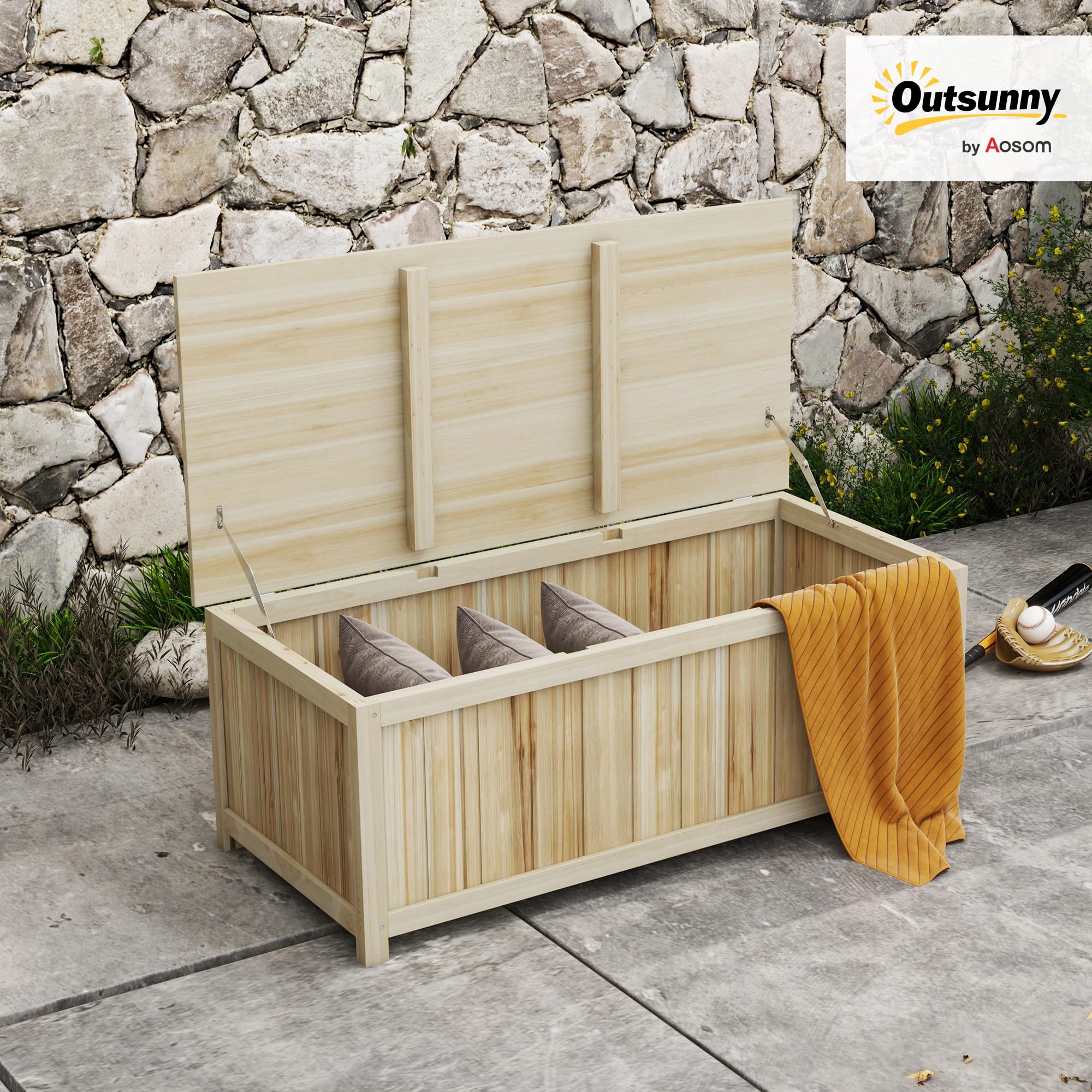 Outsunny Panca Contenitore da Giardino da 172L in Legno di Abete, Baule da Esterno 120x55x45cm Colore Legno