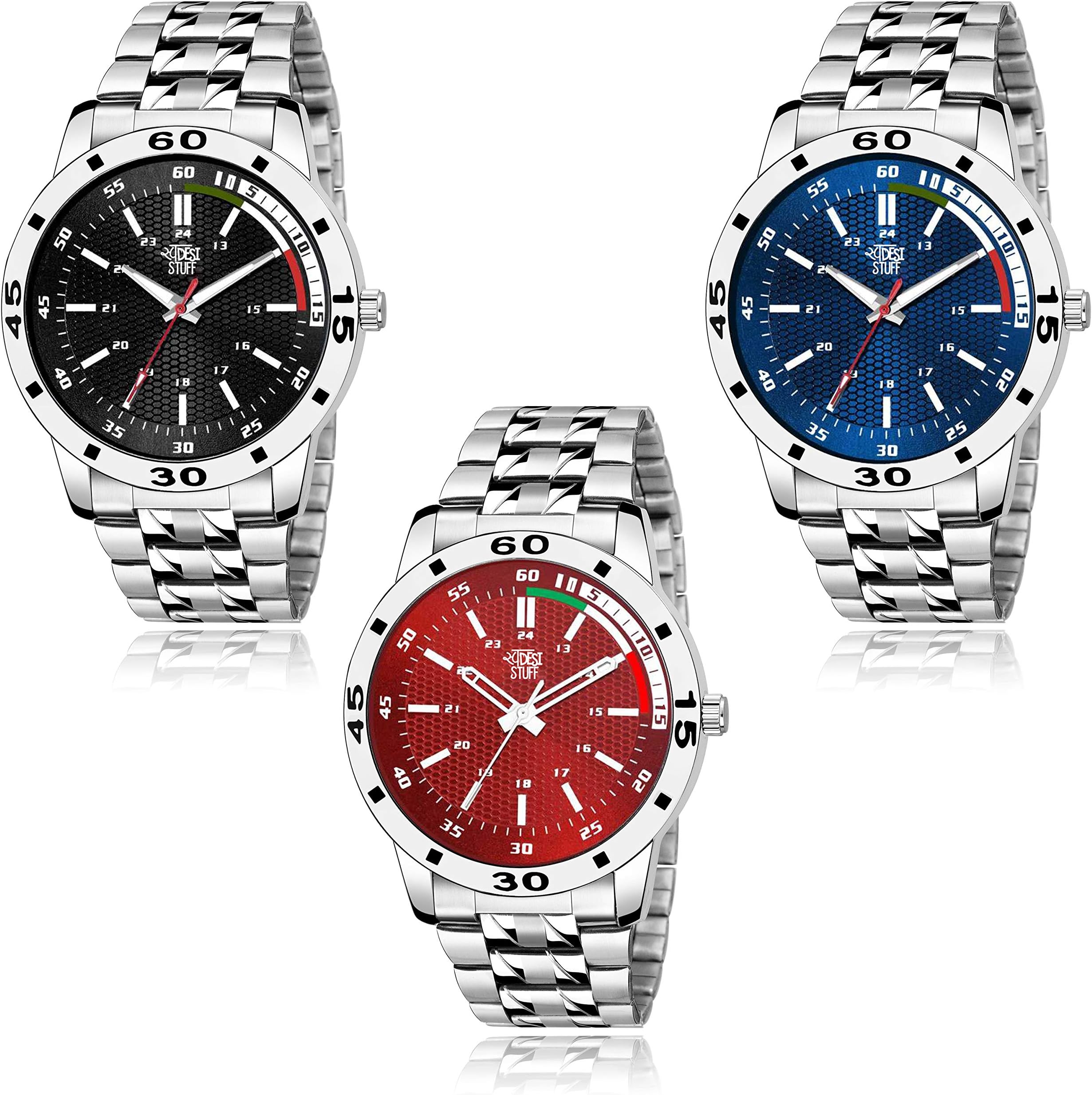 Stainless Steel Pack of 3 Multicolor Dial Analogue Watch for Men and Boys, Silver Band