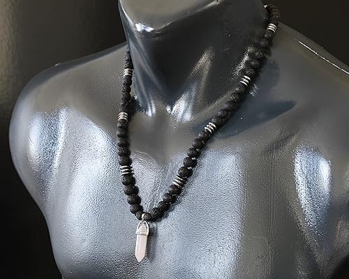 Miniatura 4 de ElisaJewelryArt - Natural Pink Quartz Pointed Pendant Black Lava Stone Beaded Necklace Genuine Gemstone Love Stone Clasp Closure Necklace Unisex