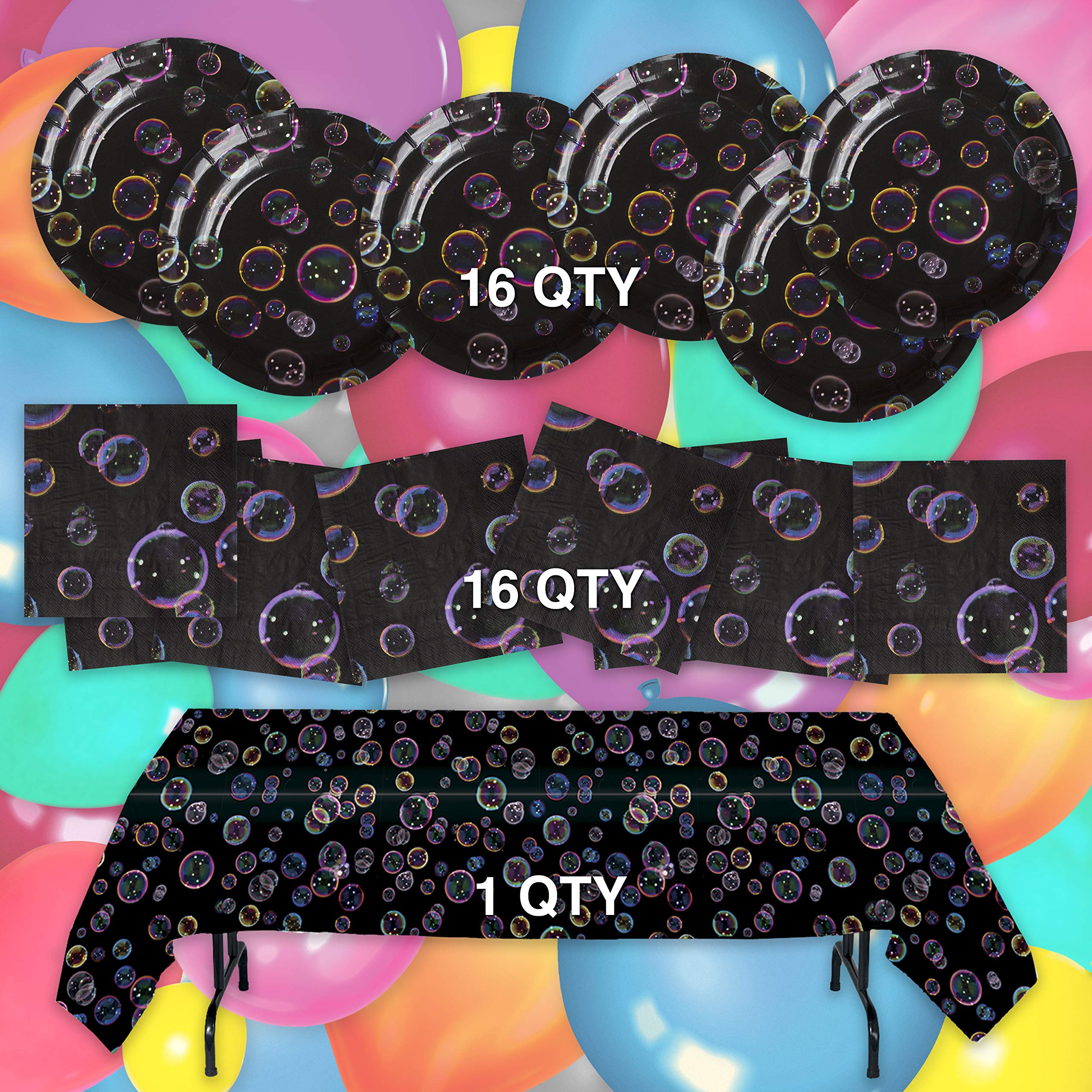 Havercamp Set de fiesta con diseño de neón o burbujas para 16 invitados; incluye 16 platos de fiesta de 17,78 cm y servilletas de almuerzo y una cubierta de plástico resistente.
