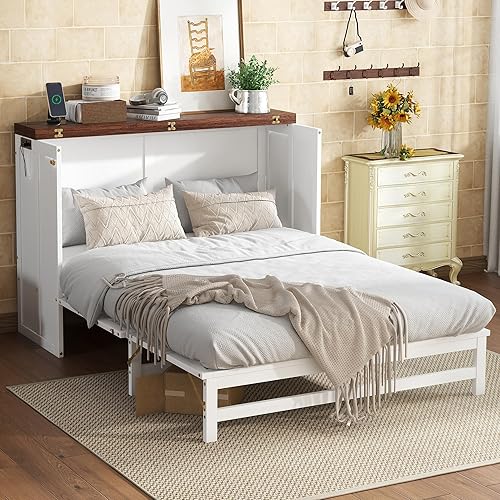Full Size Murphy Bed with Storage Drawer,Save Space & Solid Pine Cabinet Bedframe for Home Office, Guest Room,Multifunctional Bed,White-Walnut