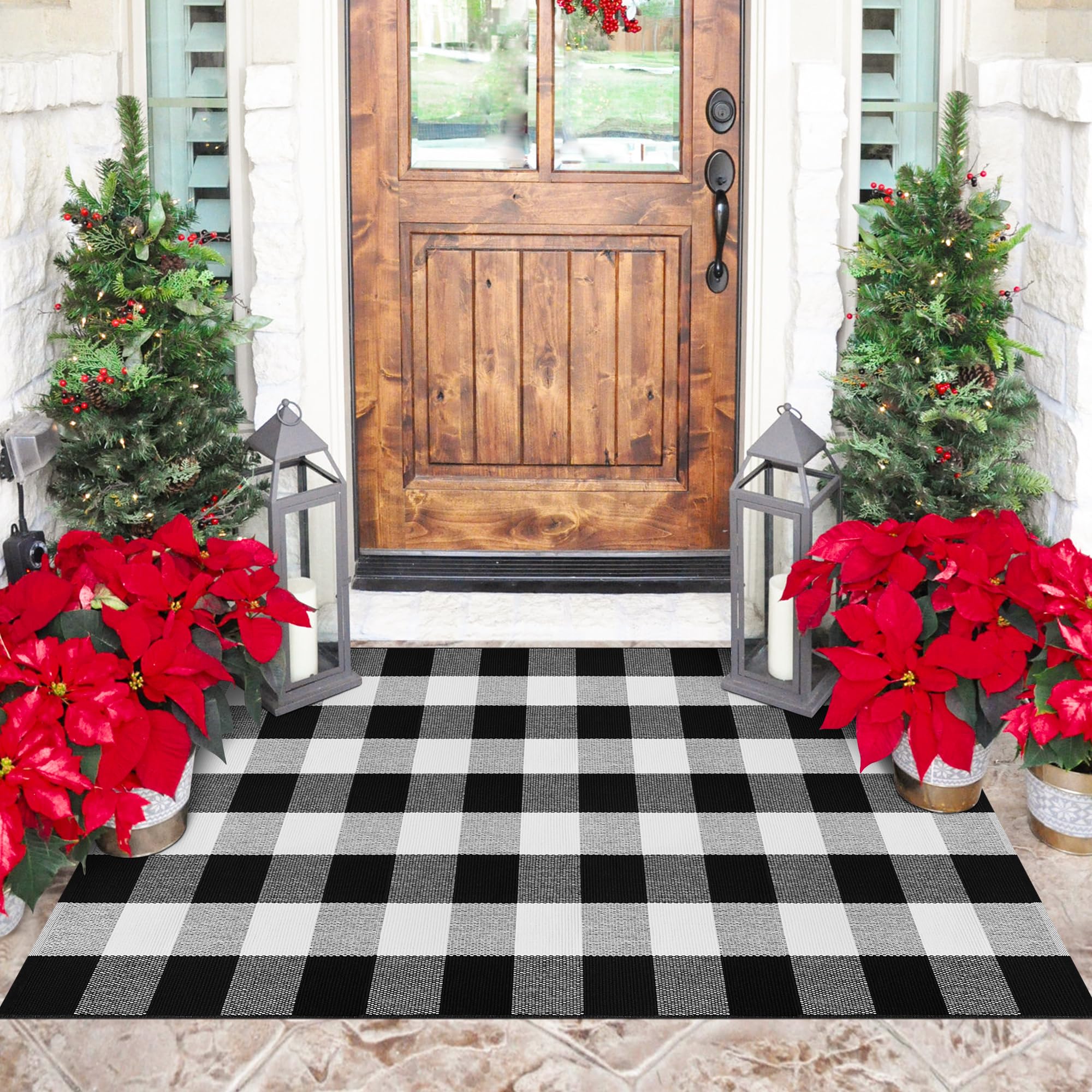 Buffalo Plaid Area Rug Front Door Mat Black and White Checkered Rug Washable Indoor Outdoor Rugs Hand Woven Cotton Bath Rug for Entryway Farmhouse Patio Bedroom