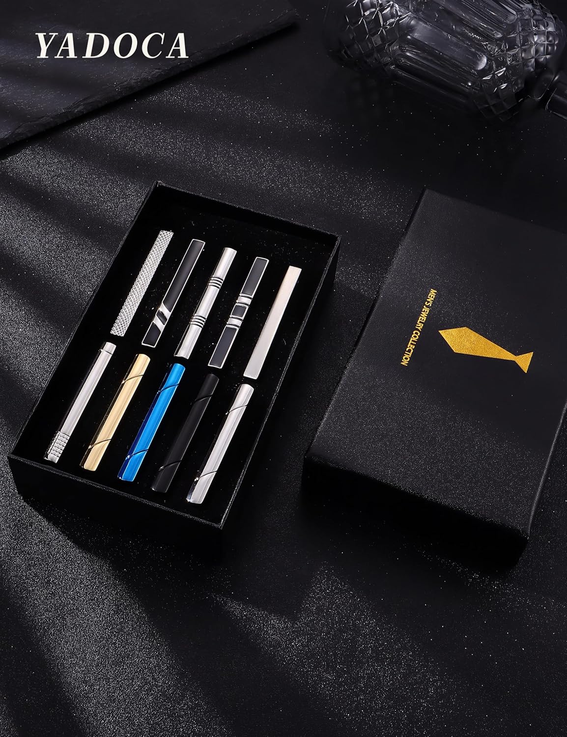 YADOCA Tie Clips for Men Tie Bar Clip Black Silver-Tone Gold-Tone for Wedding Business with Gift Box