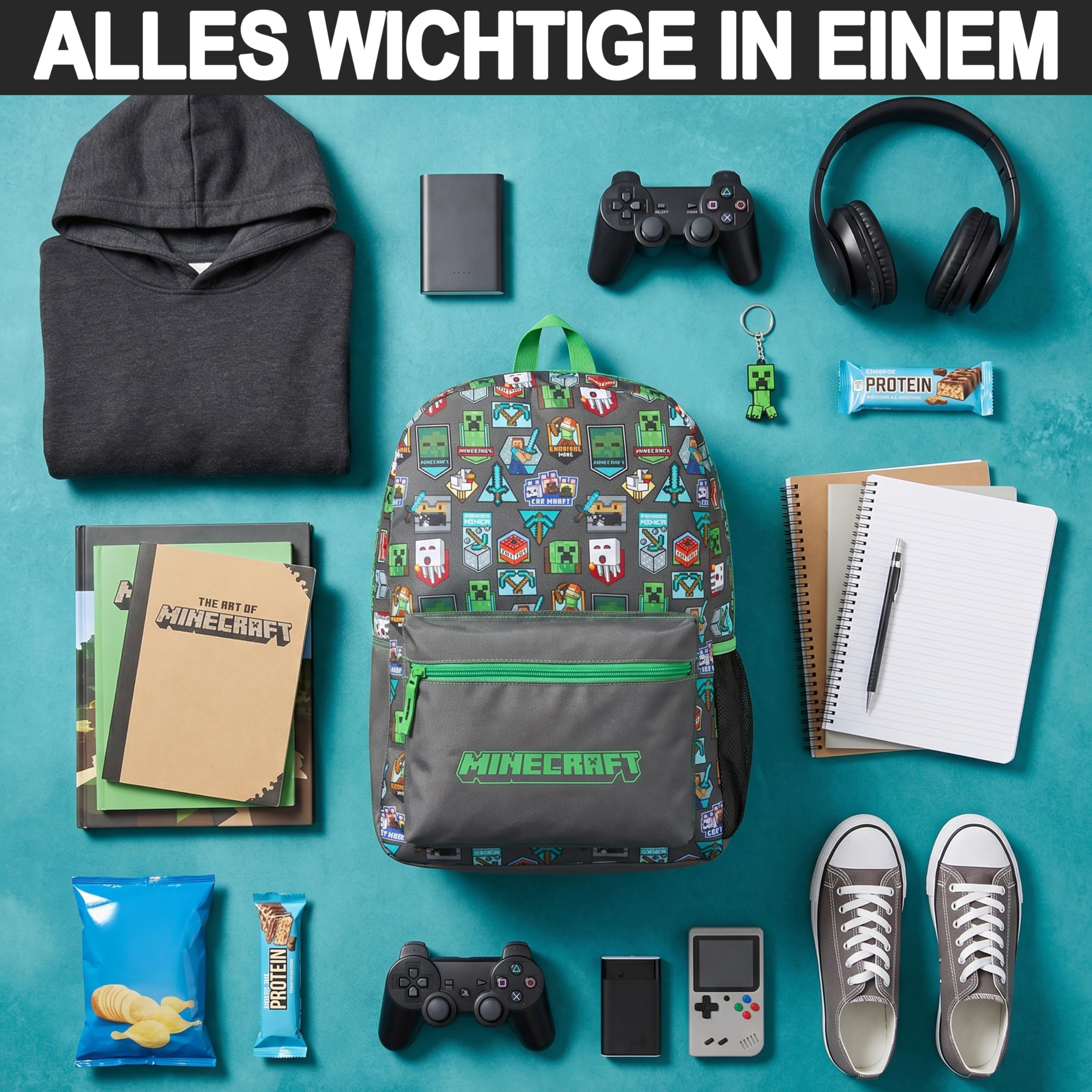 Get Trend Minecraft Grande Mochila Niños, 46 cm Mochila Escolar Ajustable y Acolchada, para Colegio, Viaje y Ocio, Regalo Gamer para Niños (Verde/Gris Minecraft)
