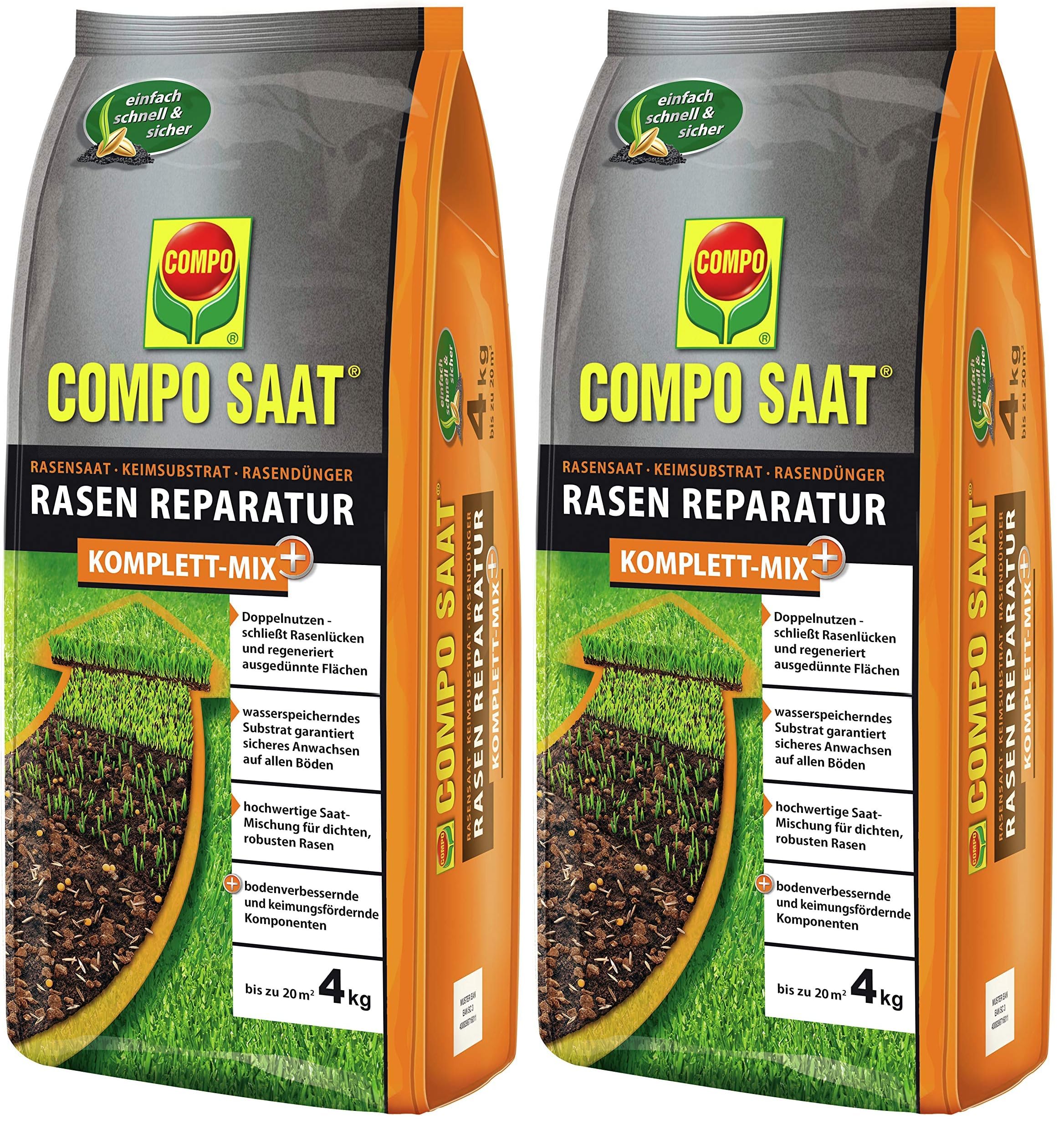 Compo SAAT Divot reparación completa Mix +, semillas de césped, semillas de sustrato, a largo plazo de fertilizantes de césped y activador del sustrato 4 kg, 20 m² (Paquete de 2)