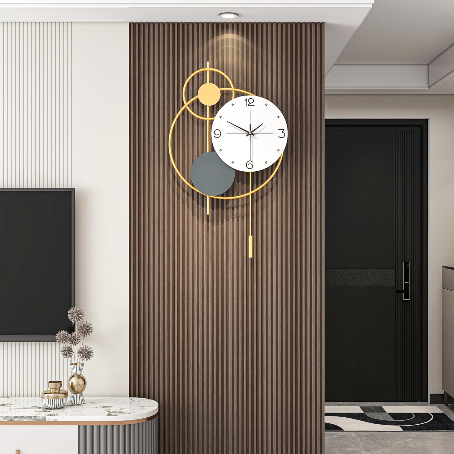 Large Modern Wall Clock for Living Room Decor 24 Inch Big Decorative Gold Metal Wall Clock with Pendulum for Home Bedroom Kitchen Office Battery Operated Non Ticking Decoration Clocks Wall Contemporary