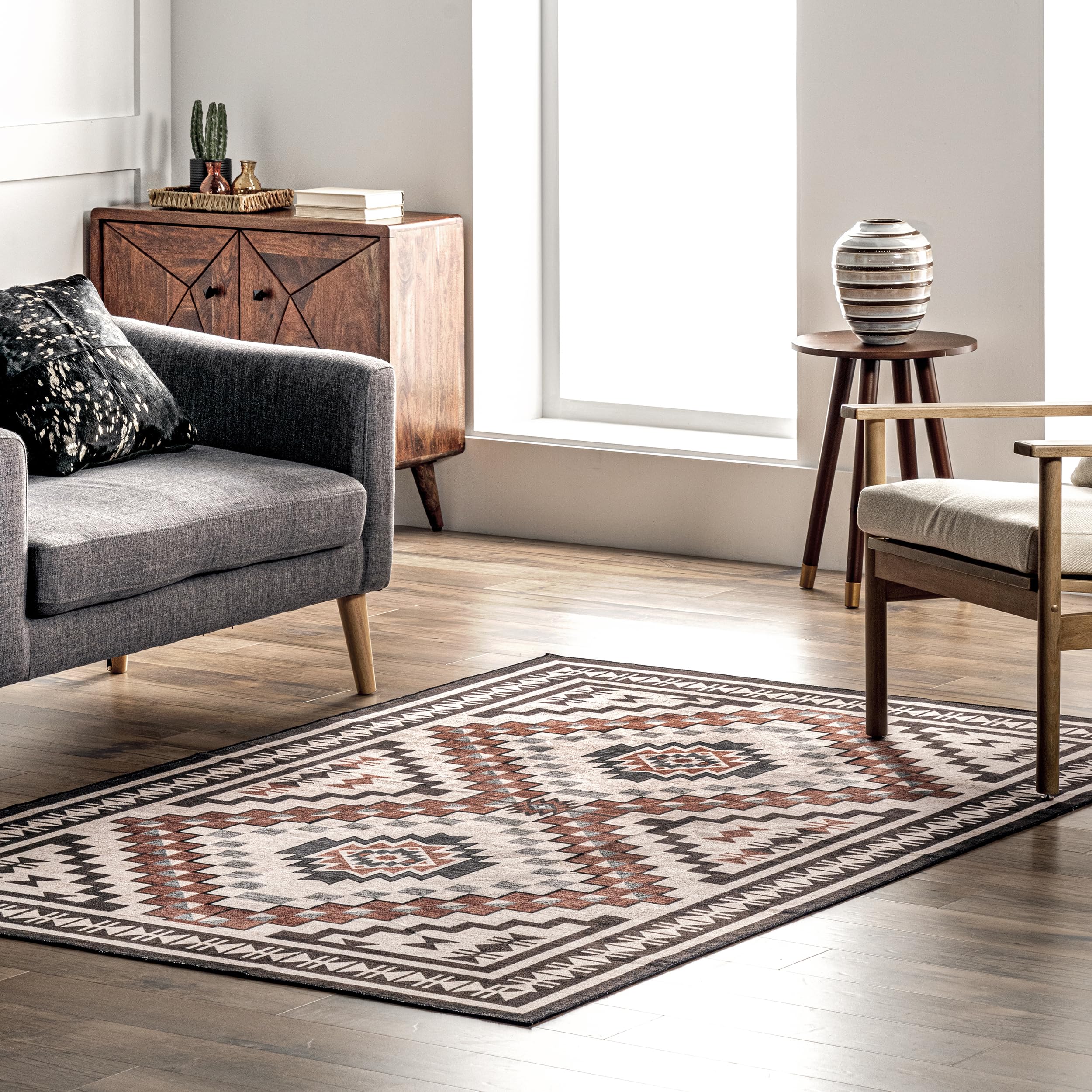 Tapis de salon lavable nuLOOM Leighton motif sud-ouest beige 122x152