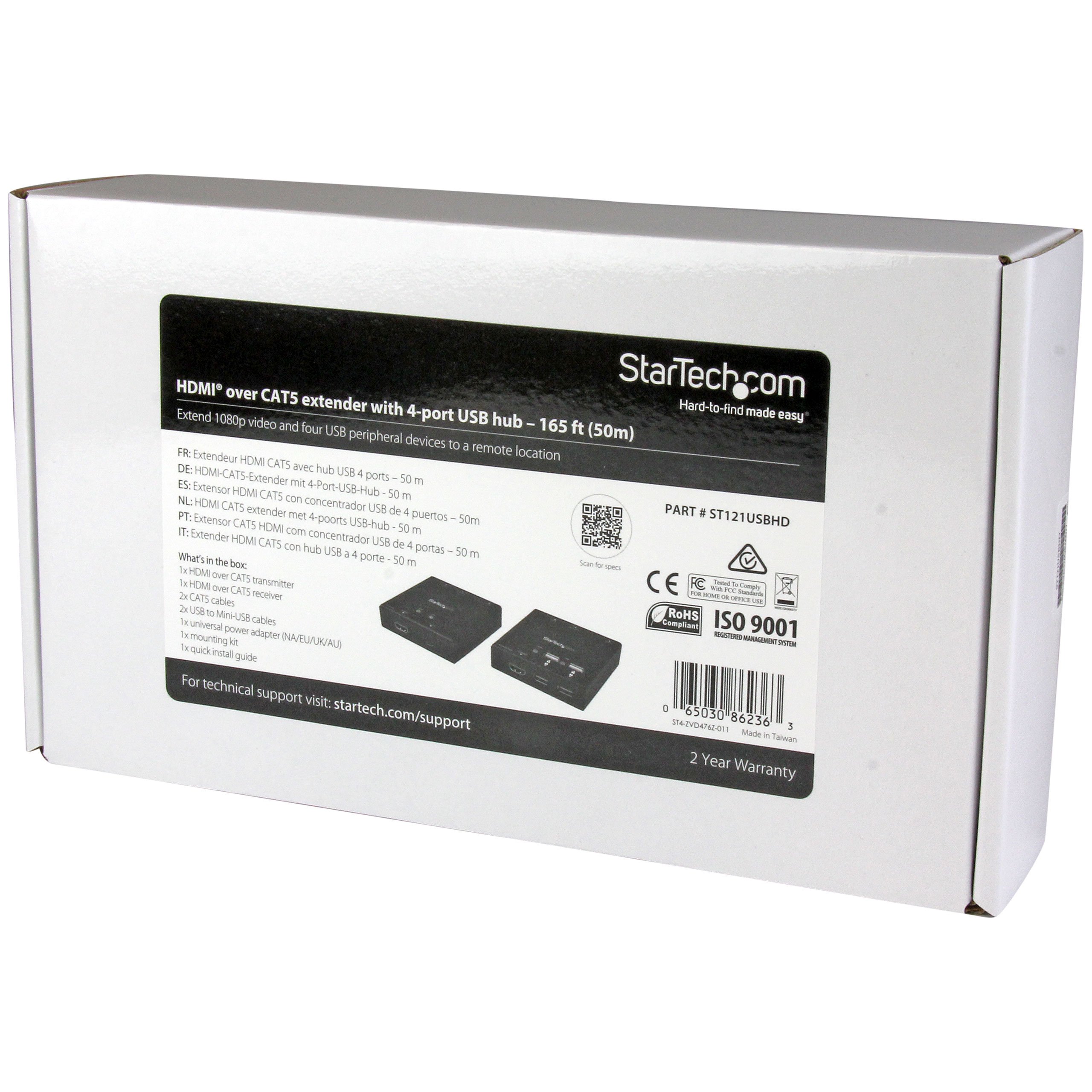 StarTech Extensor HDMI por CAT5/CAT6 Concentrador USB 4 Puertos 1080p 50m | Vídeo HD sin comprimir 1080p o 1920x1200, Compatible con cables Ethernet CAT5e y CAT6, Con montaje