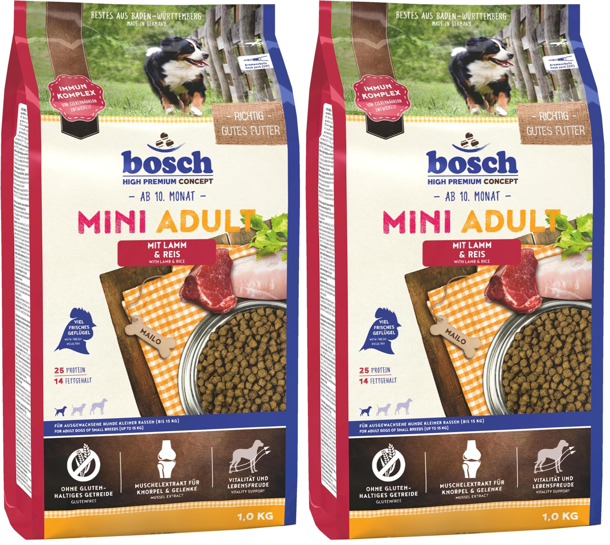 Bosch HPC Mini Adult mit Lamm & Reis | Hundetrockenfutter für ausgewachsene Hunde Kleiner Rassen (bis 15 kg) | 1 x 1 kg (Packung mit 2)
