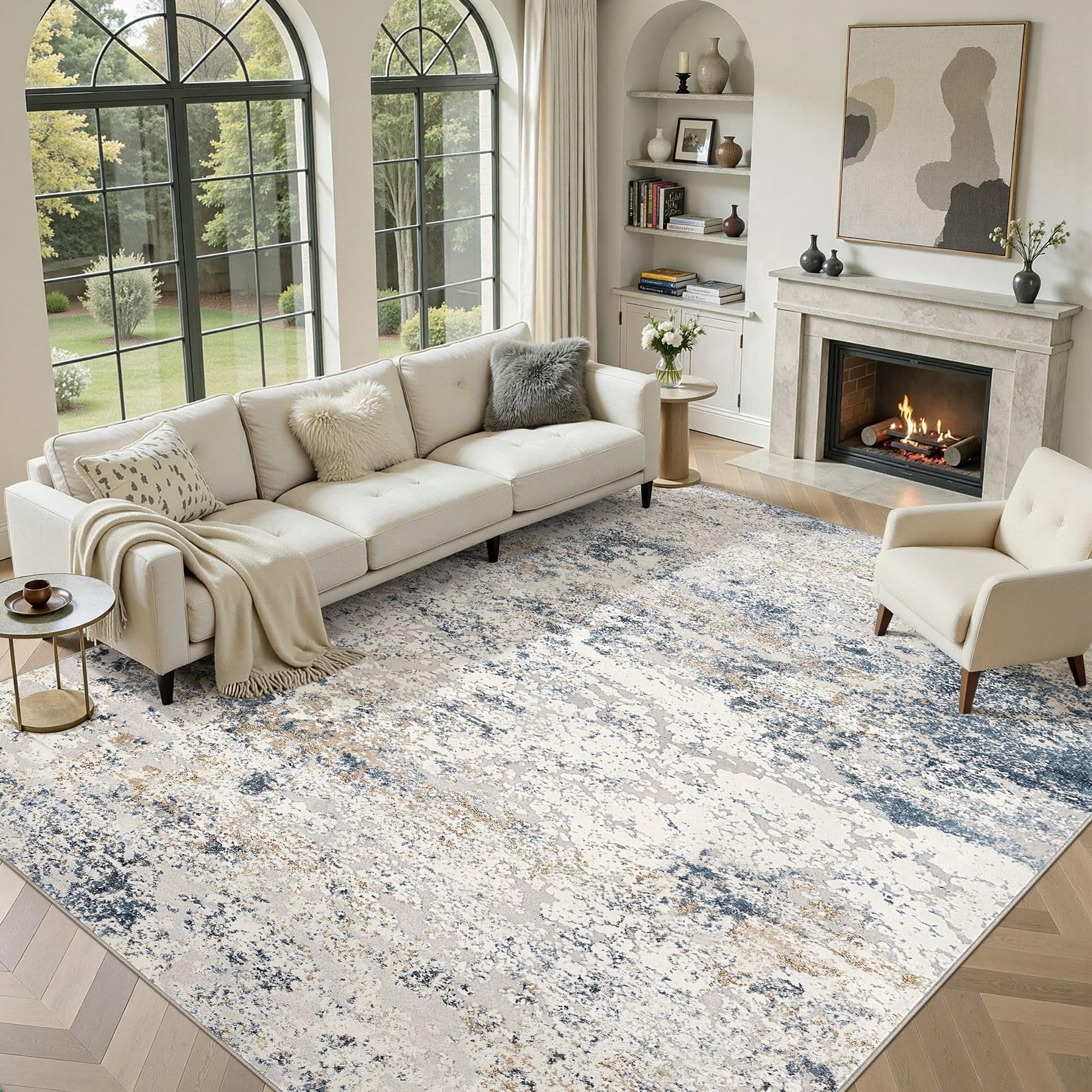 DMOYEST Washable Rugs Living Room 300x400cm - Large Abstract Neutral Modern Soft Non Slip Low Pile Kid Pet Friendly Carpet for Bedroom Dining Home Office - Beige Blue