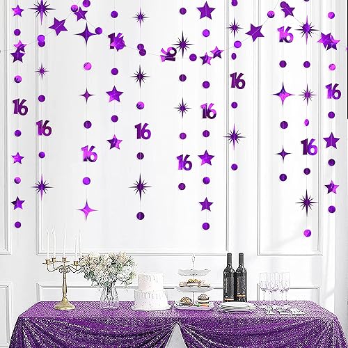 Kit de guirnalda de número 16 morado con puntos circulares y estrellas centelleantes, serpentina metálica para colgar, banderines, banderines, telón